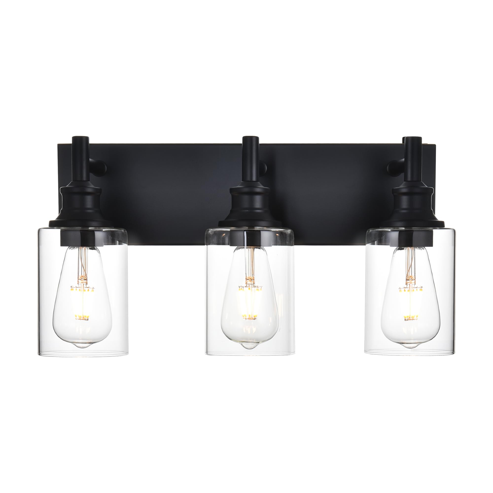 Wanluce 3 Light Bathroom Vanity Lights, Black Iron Fixtures with Clear Glass Shades, Model 16-16111-3W-BL