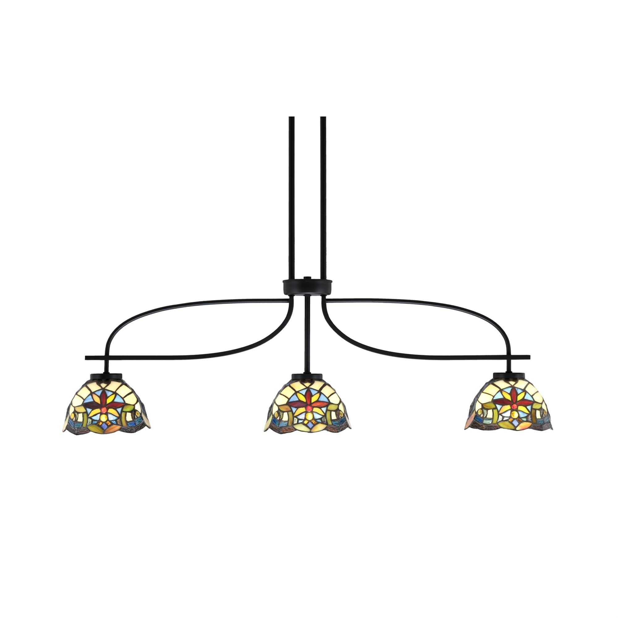 Cavella 3 Light Island Light Shown in Matte Black Finish with 7&quot; Earth Star Art Glass
