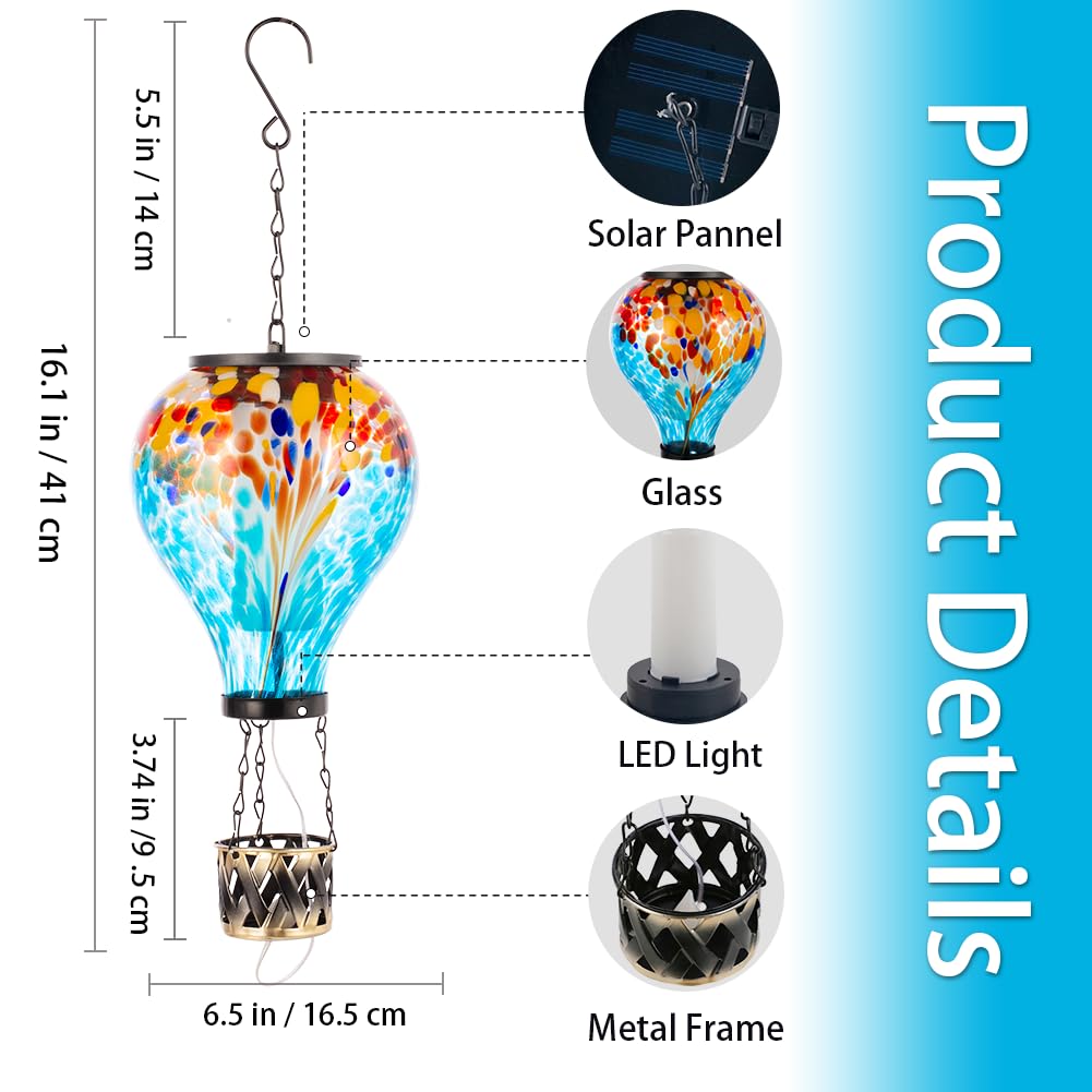 Giole Solar Hot Air Balloon Lantern Flickering Flame, Glass Hanging Solar Powered Lights, Waterproof Outdoor Garden Hanging Lant