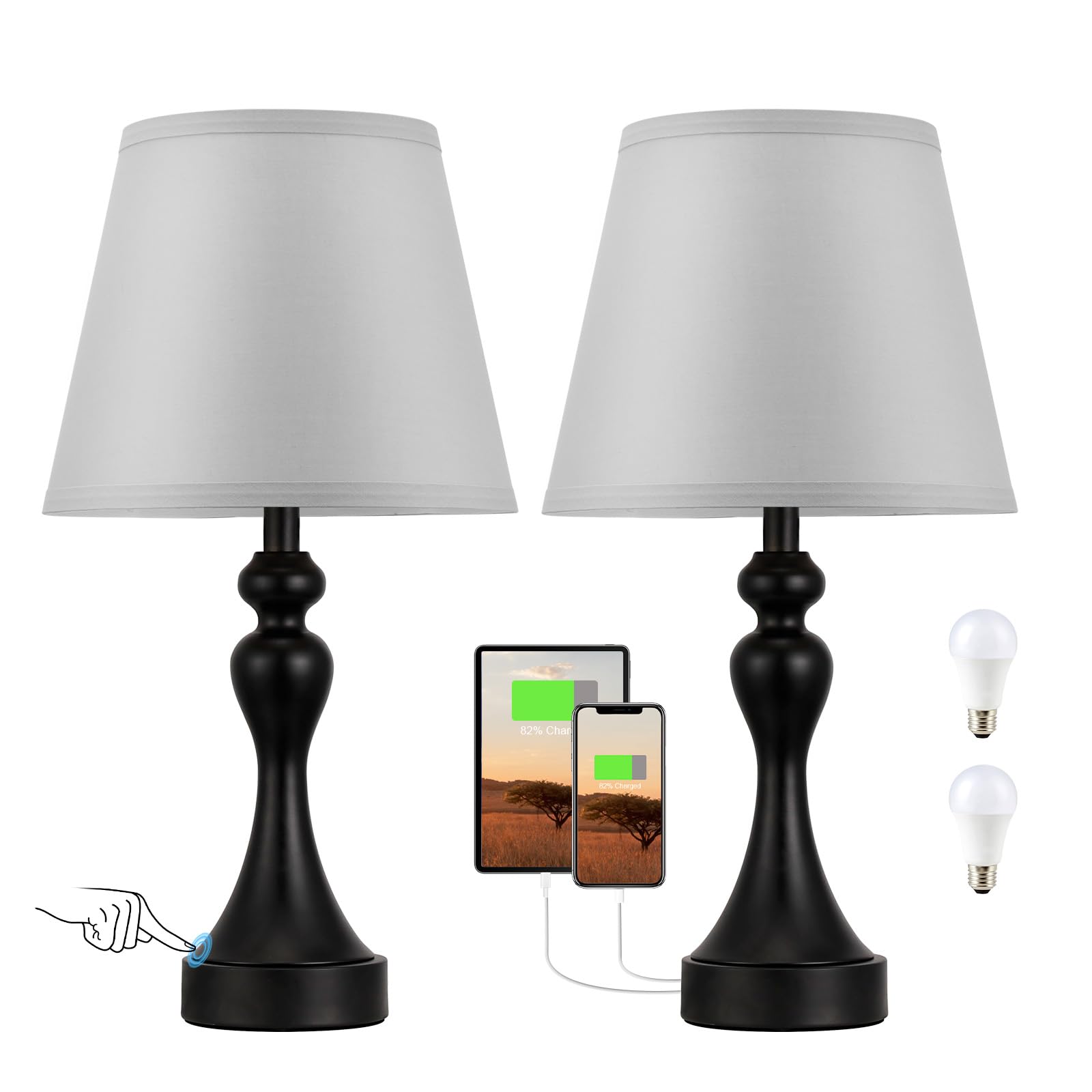 Seealle Touch Lamps For Nightstand - Bedside Lamps Set Of 2, 3 Way Dimmable, Usb C+A For Bedroom & End Tables (Black&Grey)