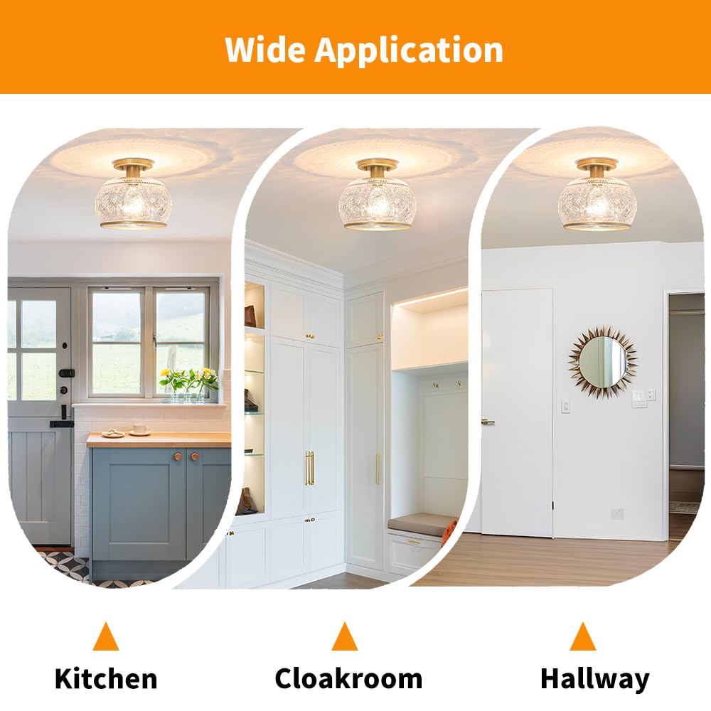 Oiyio Gold Semi-Flush Mount Ceiling Light With Globe Glass - Vintage Ceiling Lighting For Hallway, Kitchen, Entryway, Bathroom &
