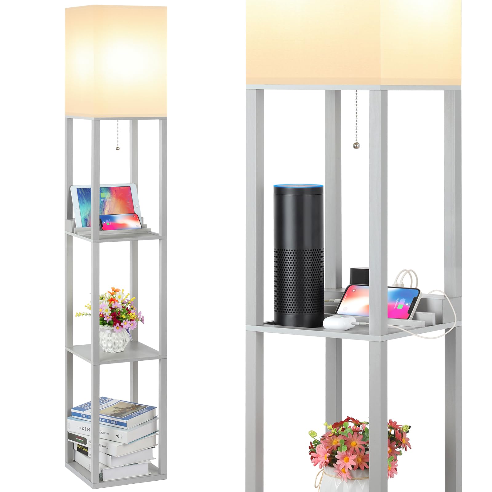 SHINE HAI Shelf Lamp, Modern Standing Ligths with 2 USB Ports and 1 Power Outlet, 3-Tiered Display Floor Lamps with Shelves for 