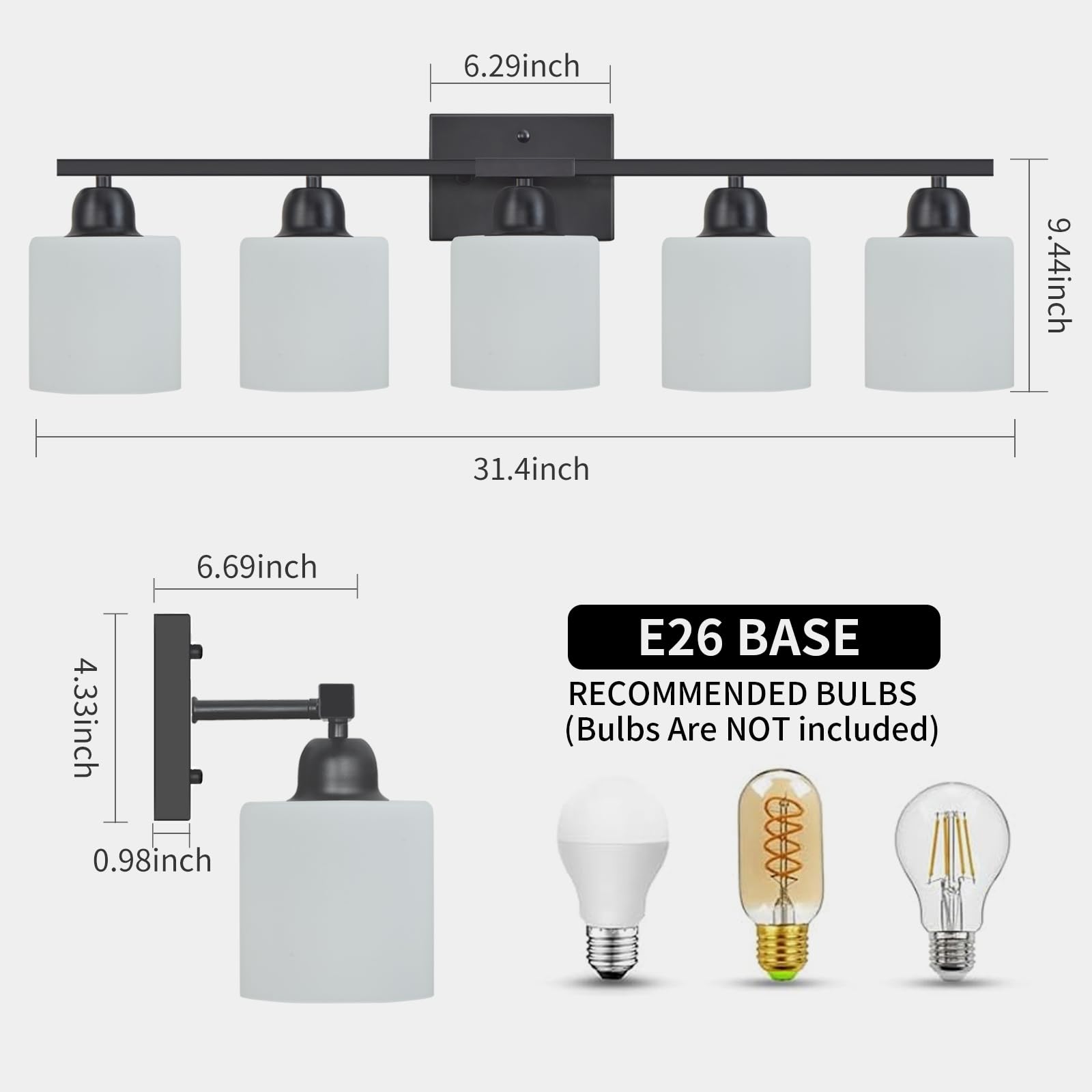 FAISHILAN 5-Light Black Vanity Light Fixture with Milky White Glass Shades, Modern Design for Bathroom, Bedroom, Hallway, E26 Base