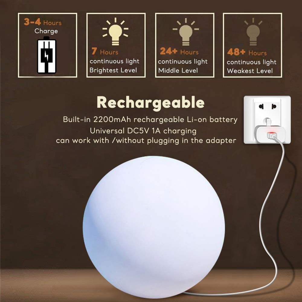 COPU Globe Floor Lamp - 14-Inch LED Ball Light, RGB Color Changing, Dimmable, Waterproof, Rechargeable, White