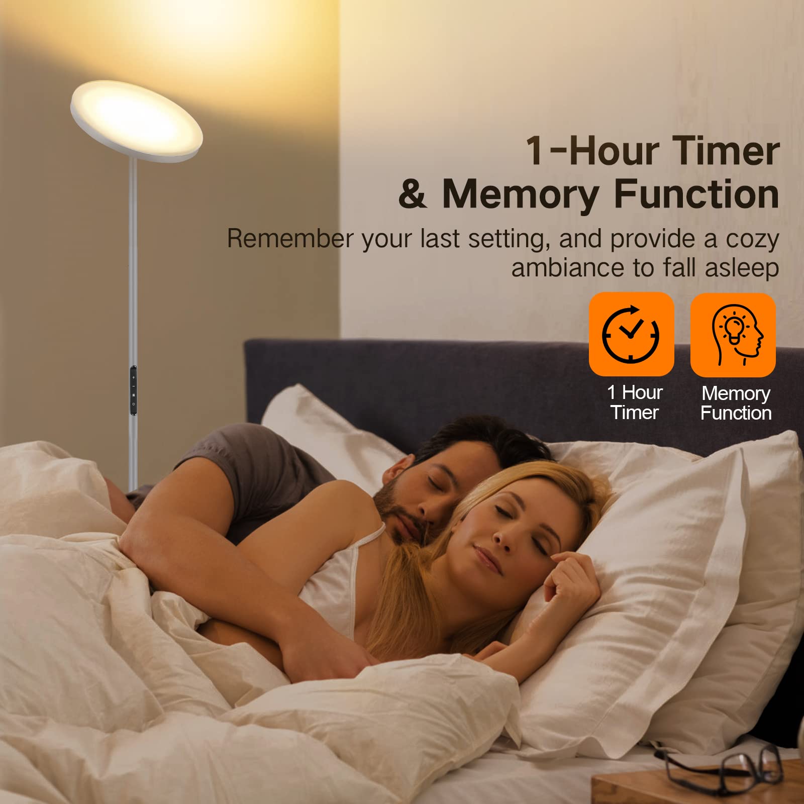 OUTON Modern LED Floor Lamp, 30W/3000LM, Dimmable, 4 Color Temperatures, Remote Control, Silver Grey, Model H10005-SGY-US