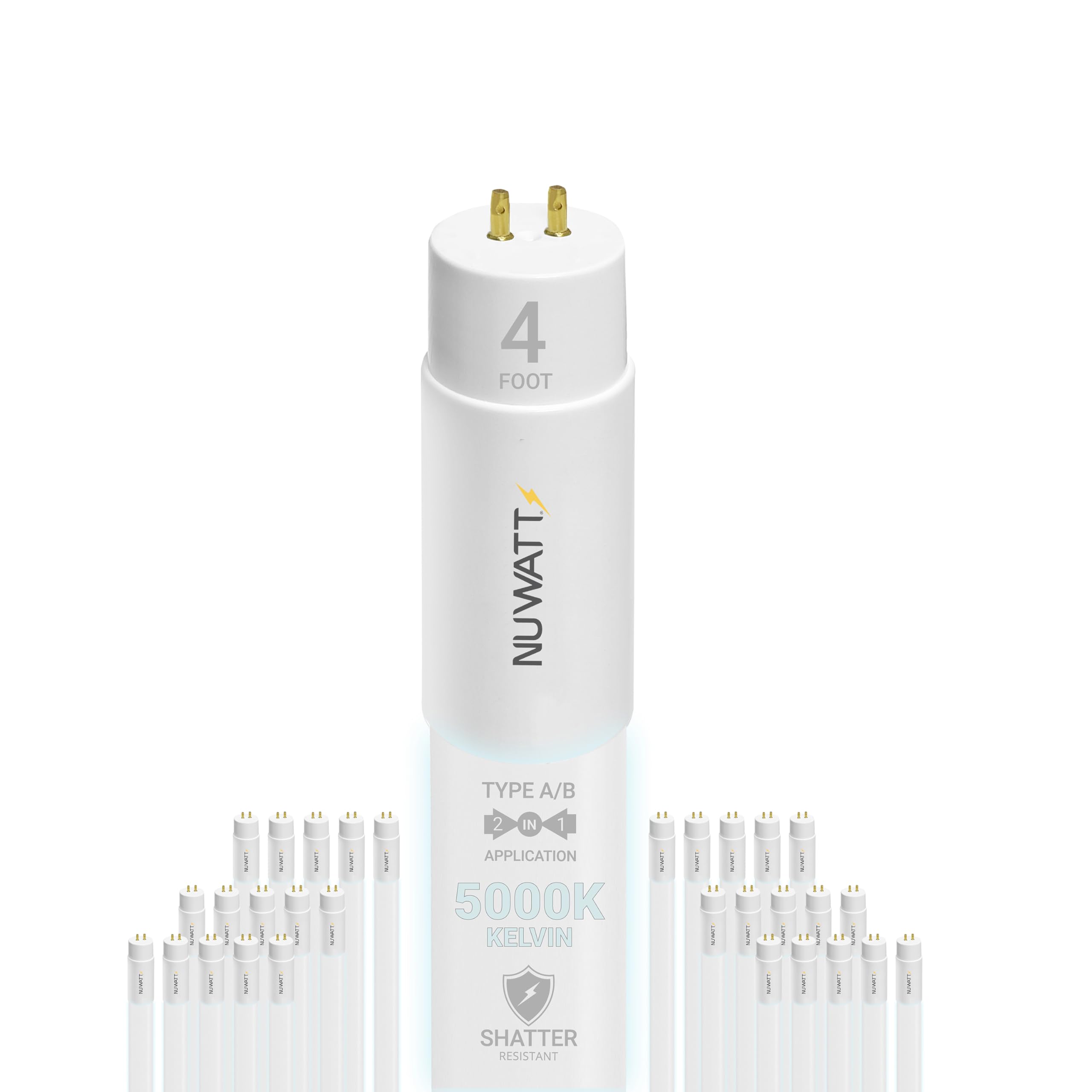 NuWatt 30 Pack 4 FT LED T8 Tube Light, T10 T12 Hybrid Type A+B, 5000K Daylight, 18W, High Brightness 2200 Lumens, Plug & Play OR