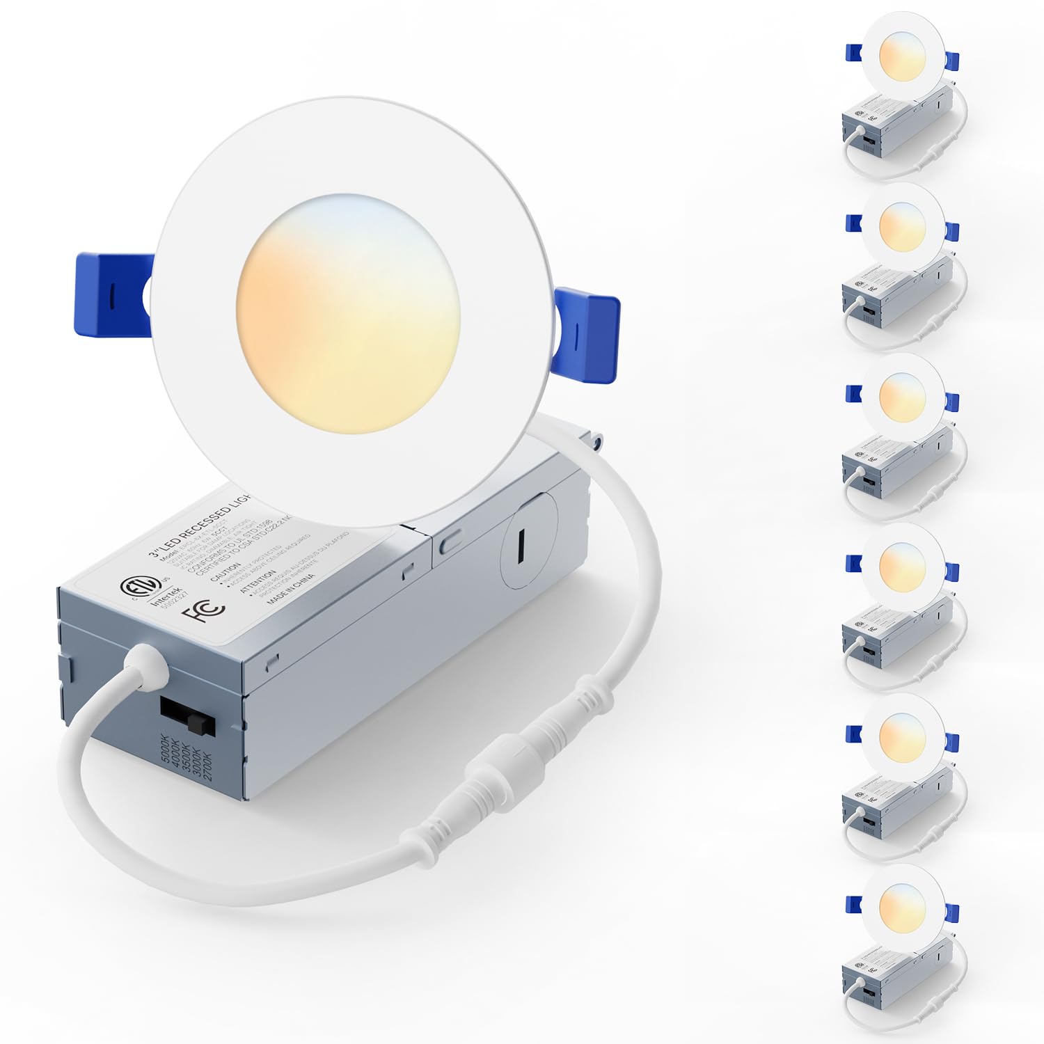 Veriligt 6 Pack 3 Inch LED Recessed Light, Dimmable, Damp Rated, 5CCT Selectable, 6W 500LM, 120V, Silm Canless Wafer Ceiling Lig