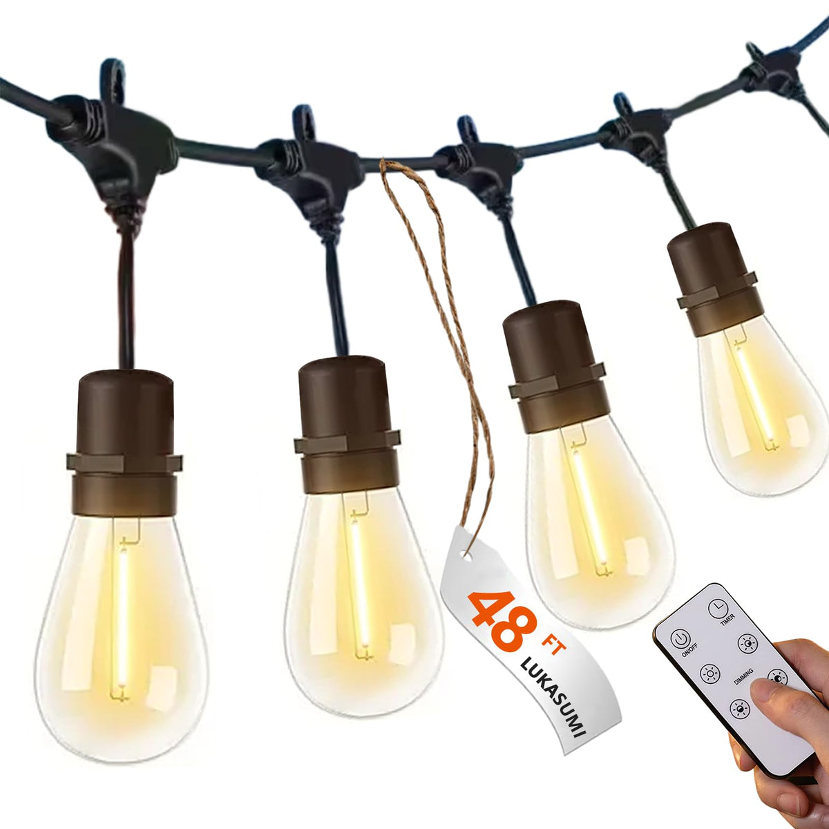 Lukasumi 48Ft Led Outdoor String Lights, Dimmer, 15 Edison Bulbs, Waterproof, Remote Control