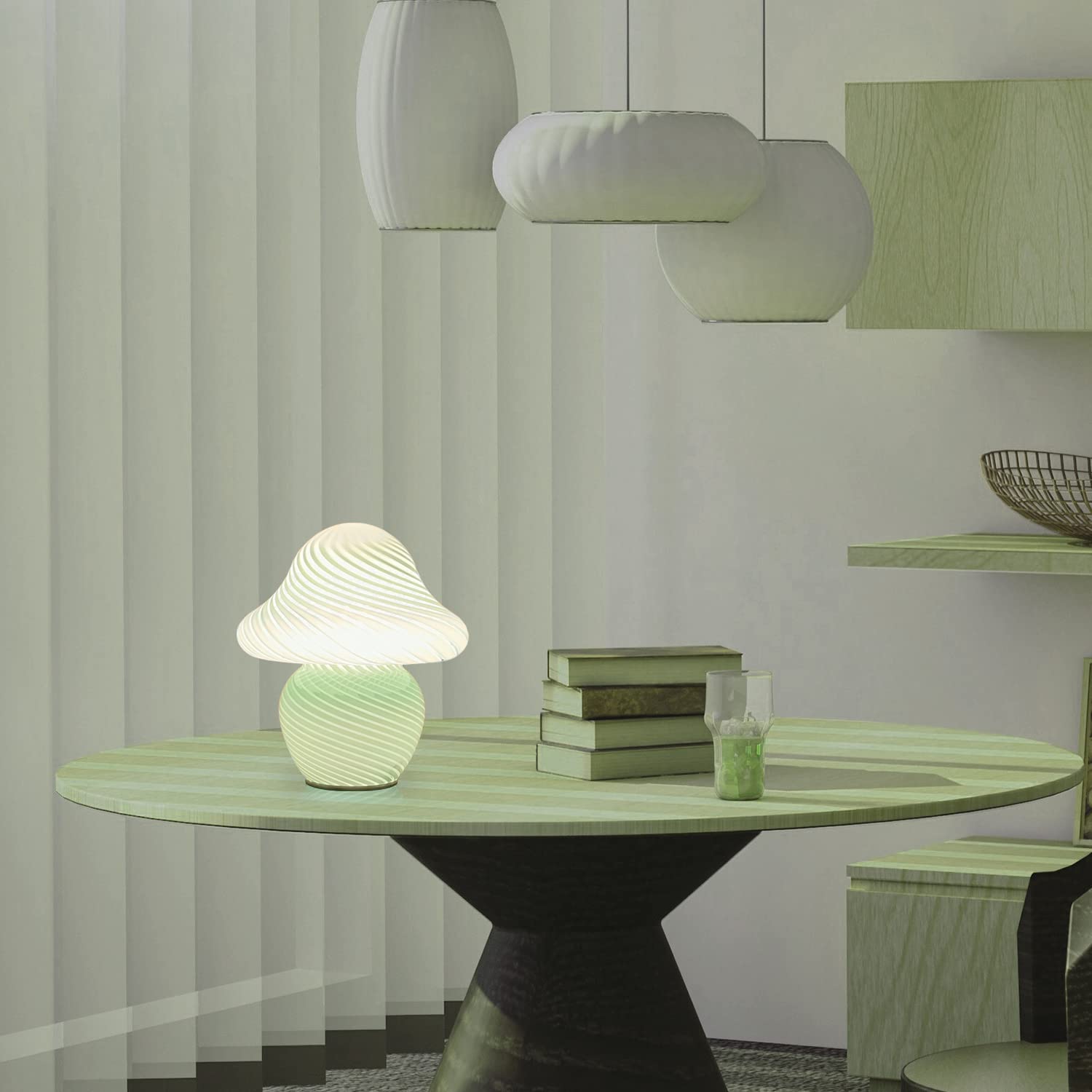 Cometmars Mushroom Lamp, Small Green Table Lamp With Striped Glass, Cute Little Swirl Sage Green Nightstand Lamp For Bedroom Bed