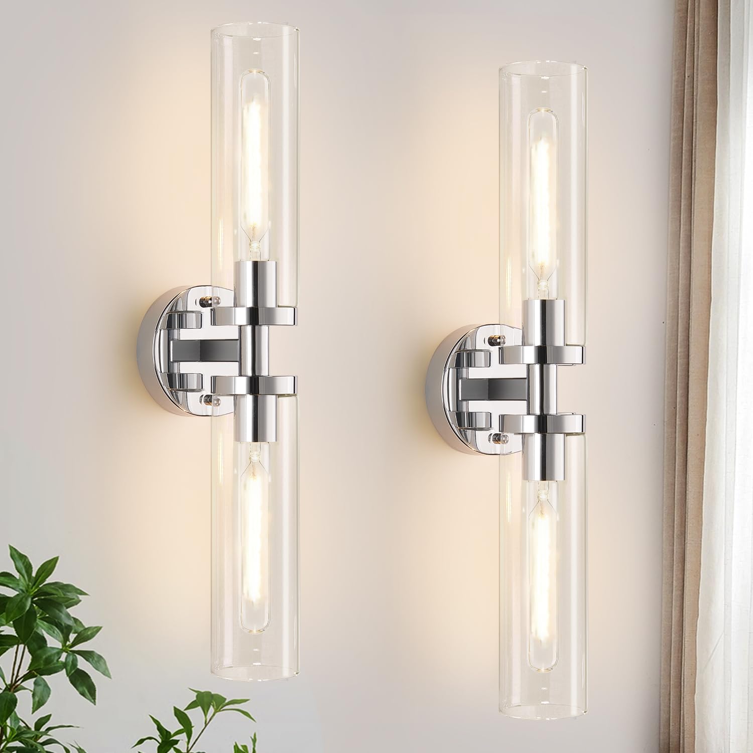 Indoi Wall Sconces Set of Two  Hardwired Chrome Bathroom Sconces Wall Lighting with Clear Glass  Modern Sconces Wall Decor Set of 2 Bathroom Light fixtures for Mirror Living Room Hallway Bedroom