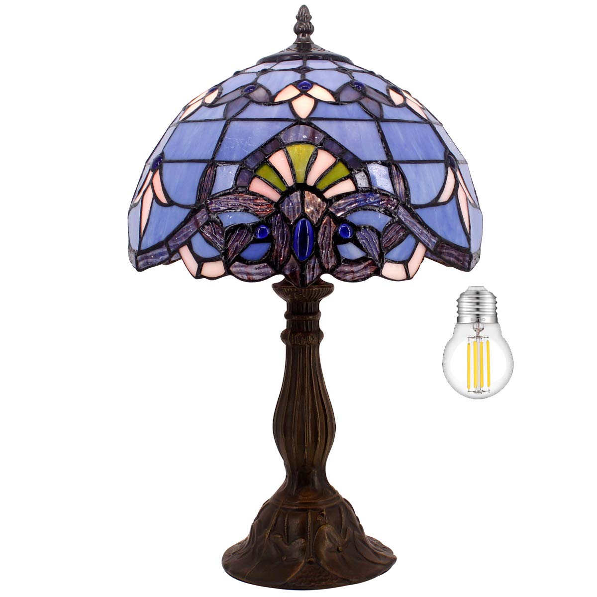 WERFACTORY Tiffany Lamp Stained Glass Table Lamp 12X12X18 Inches Blue Purple Baroque Style Lavender Bedside Reading Desk Light D