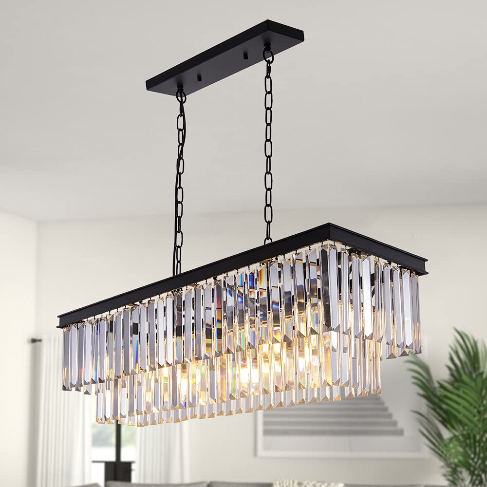 Wellmet Black Crystal Chandelier, 9-Light Modern Farmhouse Chandeliers Dining Room Lighting Fixture, Adjustable Rectangle Hangin