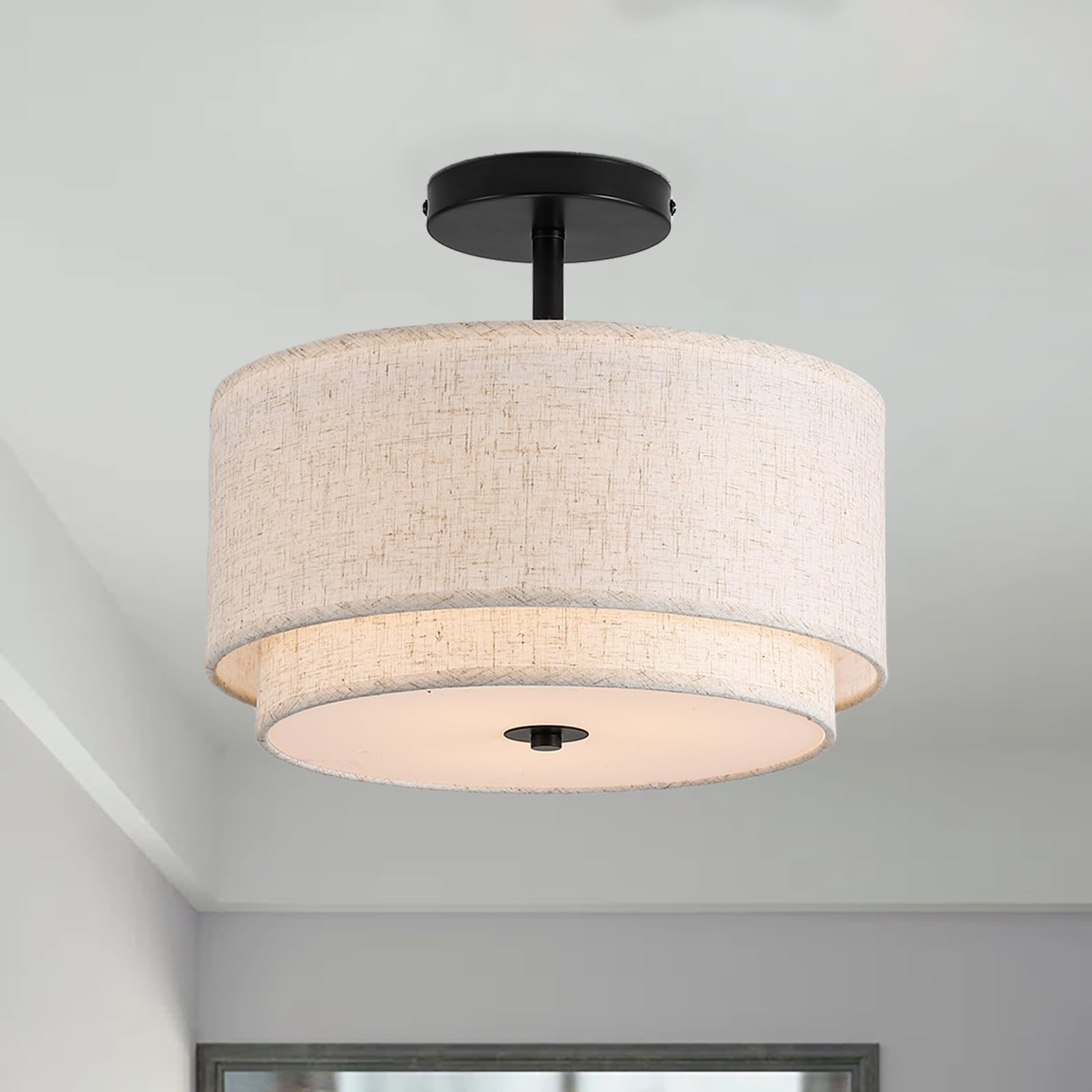 Vexagyle 12.6inch Flush Mount Ceiling Light Fixture,3-Light Modern Close to Ceiling Light with 2-Layer Linen Fabric Shade,Farmho