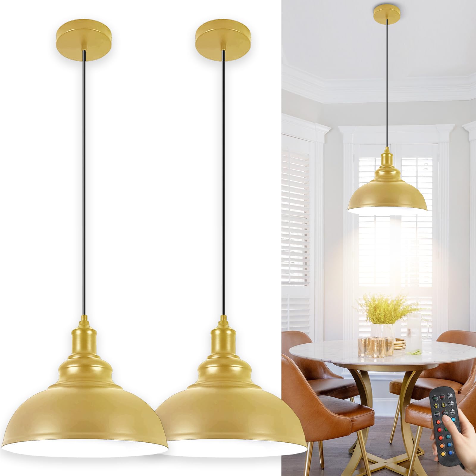 Battery Operated Pendant Lights, 2 Pack Rechargeable Pendant Light with Remote, Gold Pendant Light Fixtures for Kitchen island, 