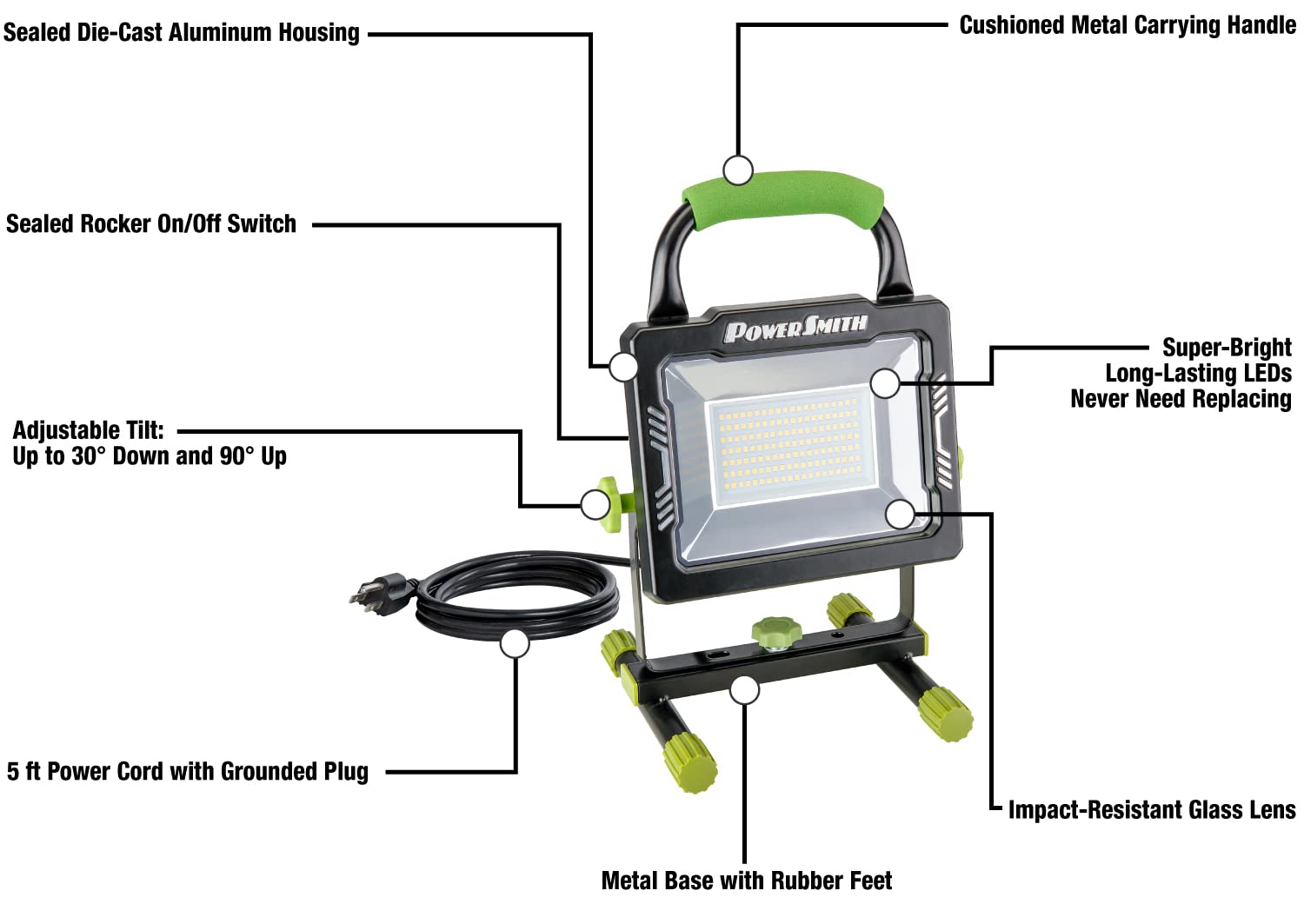 Powersmith 10,000 Portable Led Work Light With Metal Housing And Stand, Impact Resistant Lens, And 5 Year Warranty (Pwls100H)