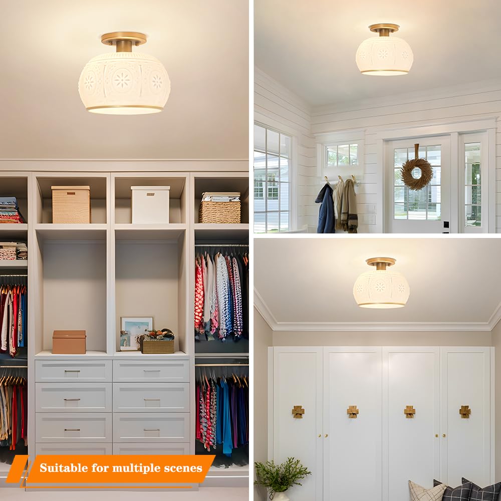Oiyio Brushed Brass Semi Flush Mount Ceiling Light With Clear Globe Glass  Modern Hallway Lighting Fixtures  Vintage Ceiling Light For Kitchen  Bedroom  Closet  Entryway  Porch