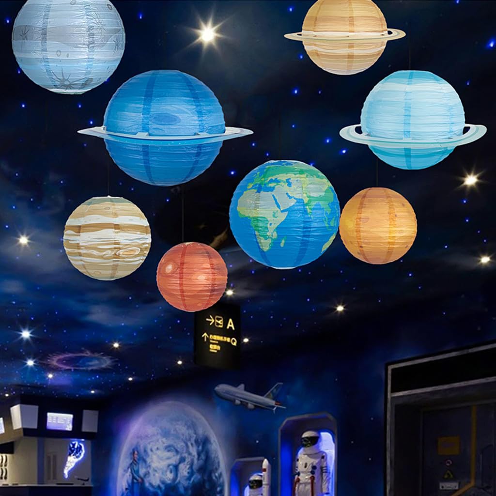 Kinteshun Folding Outer Space Planet Paper Lanterns Reusable Solar System Planets Hanging Lanterns Ornament Lamp Cover For Outer