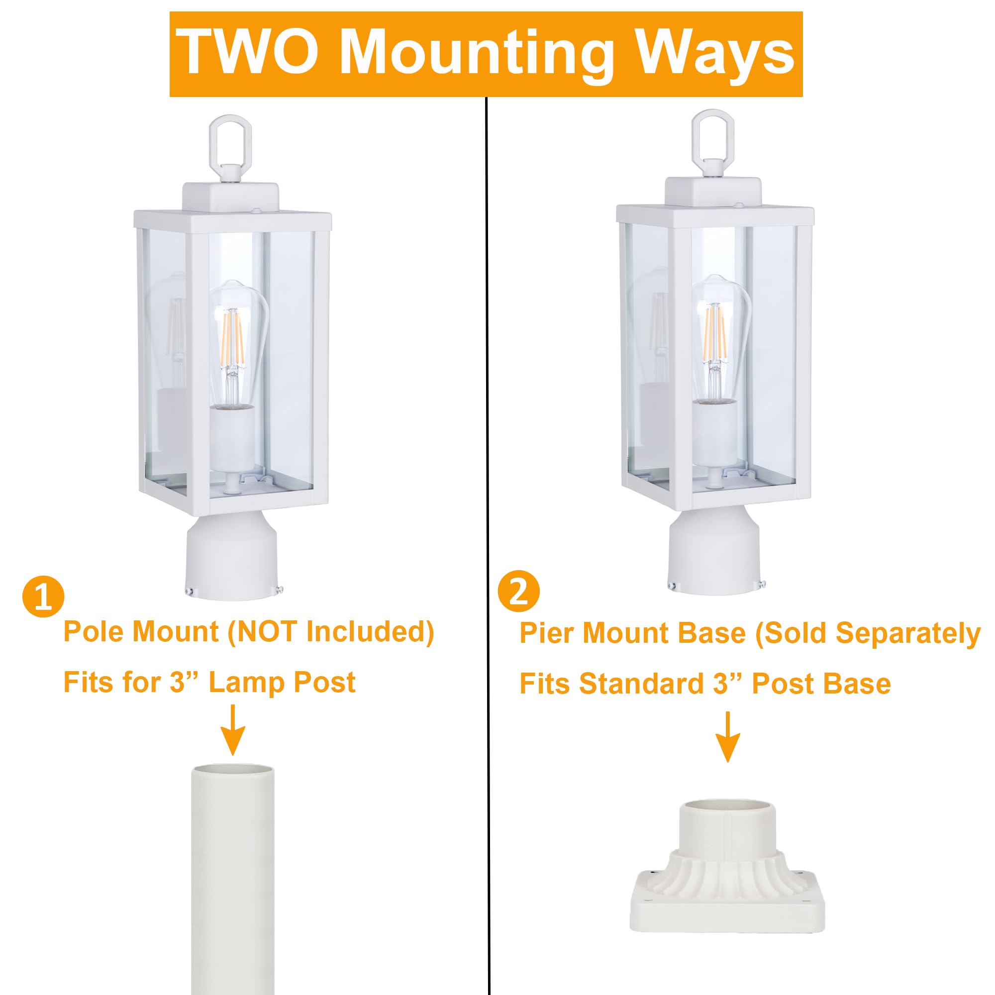 GRUENLICH Outdoor Post Lighting Fixture, Metal & Glass, E26 Base, 60W Max, Matte White, Medium 16.5inch, 2 Pack