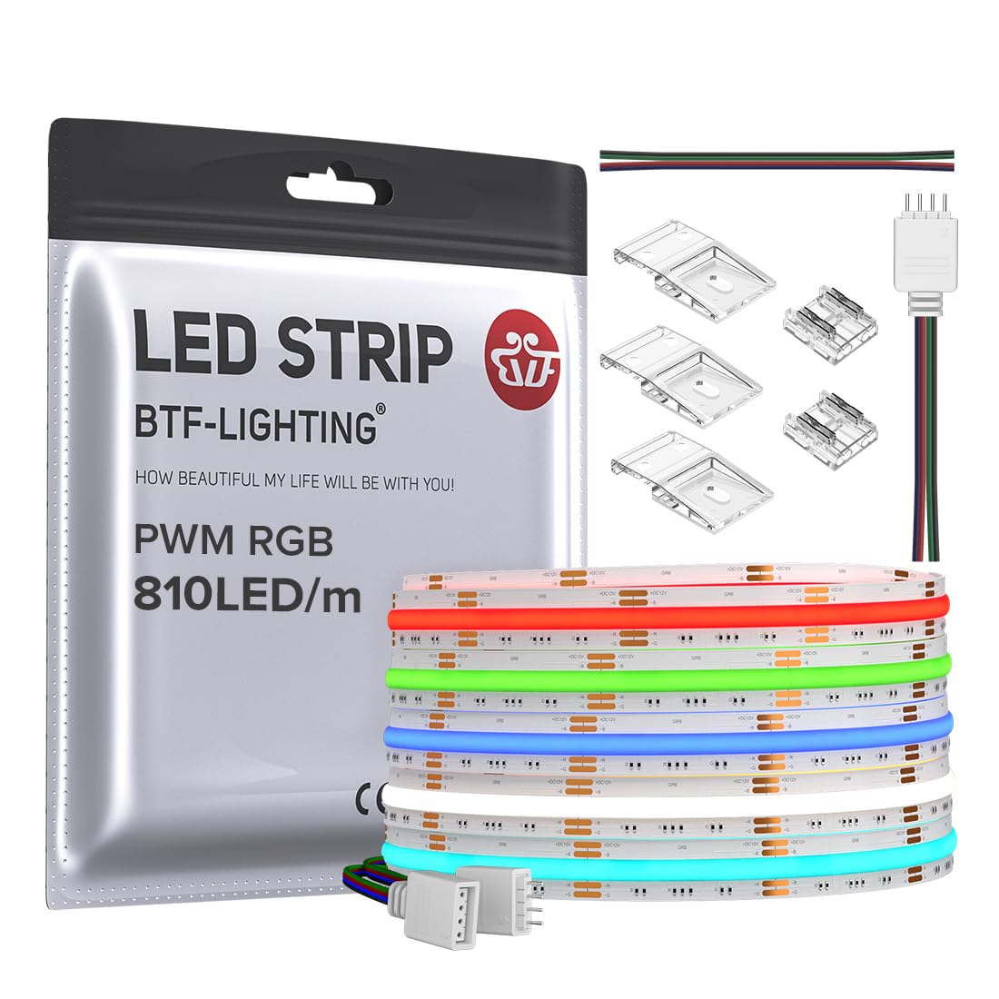 BTF-LIGHTING LED Strip Light FCOB COB RGB 810 LEDs/m 16.4FT DC12V Flexible Plastic Ribbon for Indoor Decoration