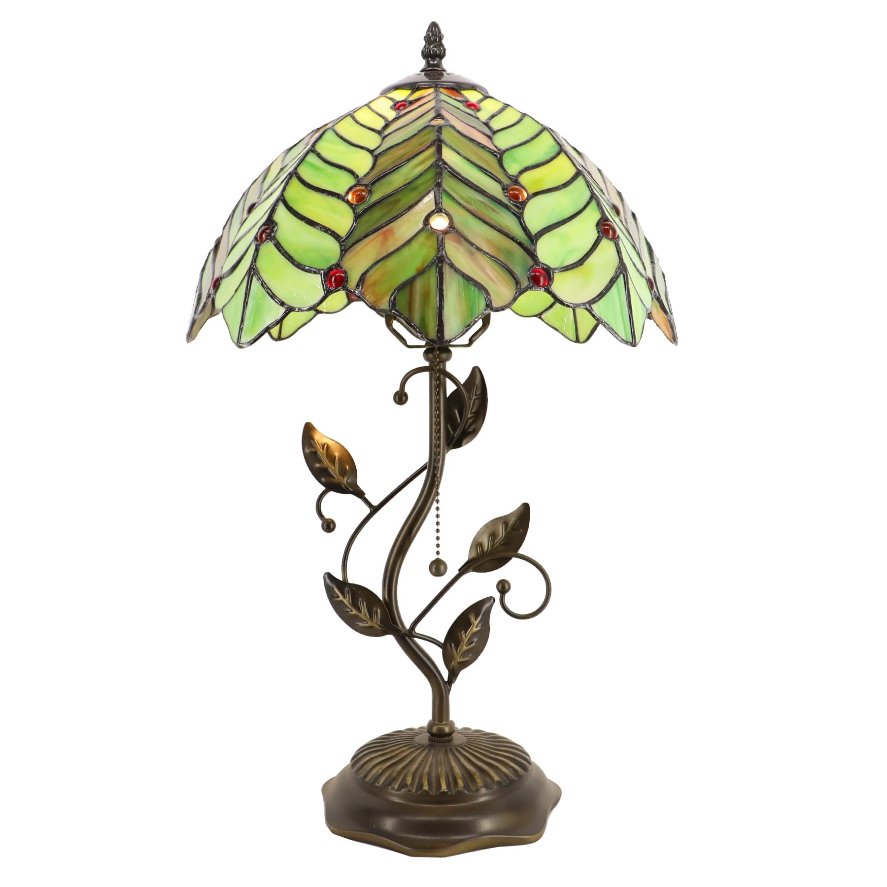 LXHCYOU Tiffany Table Lamp, Stained Glass Desk Light, W12H19 Inch, Metal Leaf Base (Brown Green Leaf)