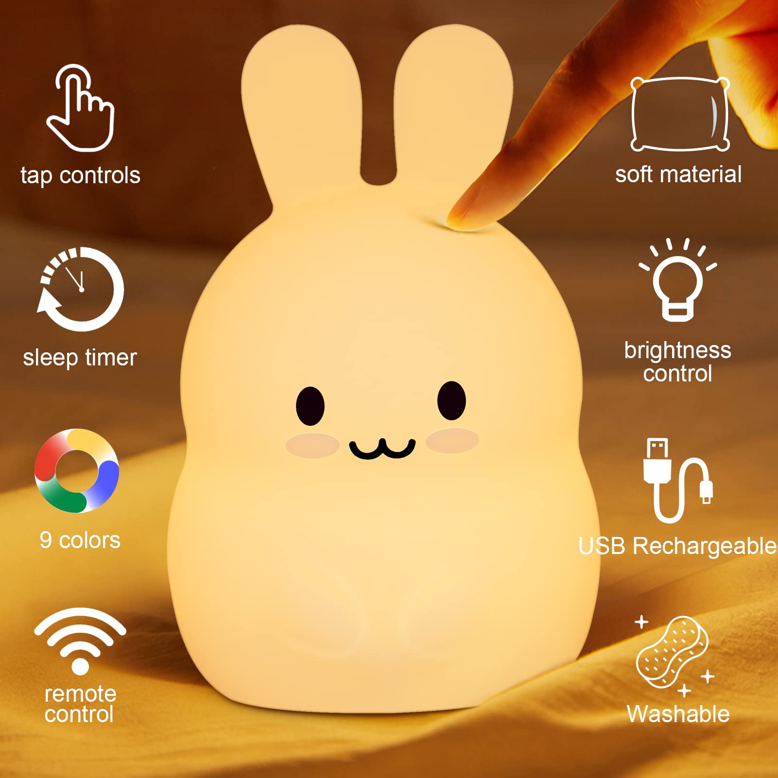 ShaArkMango Cute Rabbit Lamp - LED Night Light, Color Changing, Soft Silicone, Bunny Color