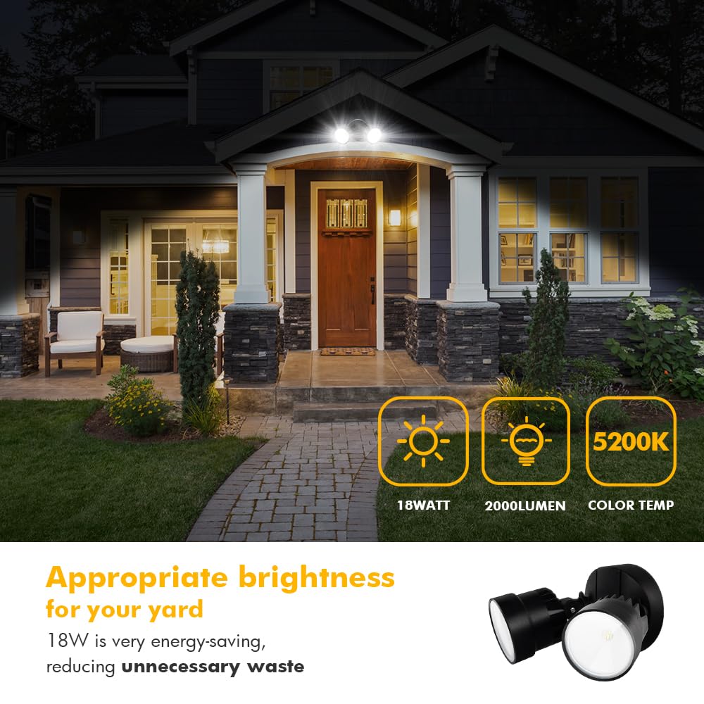 LUTEC Dual-Head Flood Light 2000 Lumen 18W Waterproof Outdoor Security Wall Light 1 Pack Black Model P6221-D2D