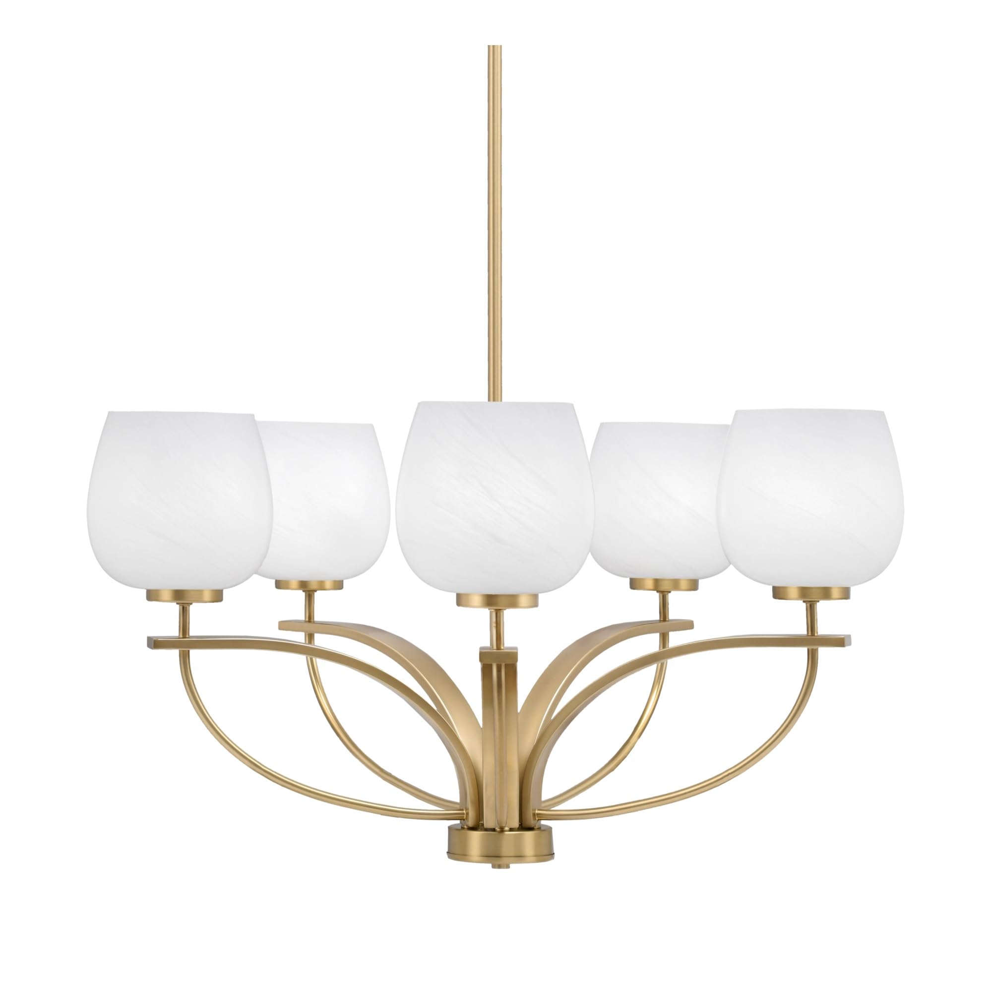 Toltec Lighting Cavella 5 Light, Uplight Chandelier, Hang Straight Swivel, New Age Brass Finish, 6&quot; White Marble Glass