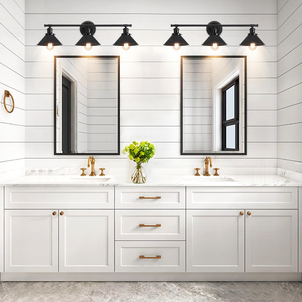 Toulmj Bathroom Light Fixtures Farmhouse Vanity Lights, 3 Light Bathroom Lighting Fixtures Over Mirror Bathroom Wall Sconces With Metal Shade, Matte Black Vanity Lights For Bathroom (31.49'')