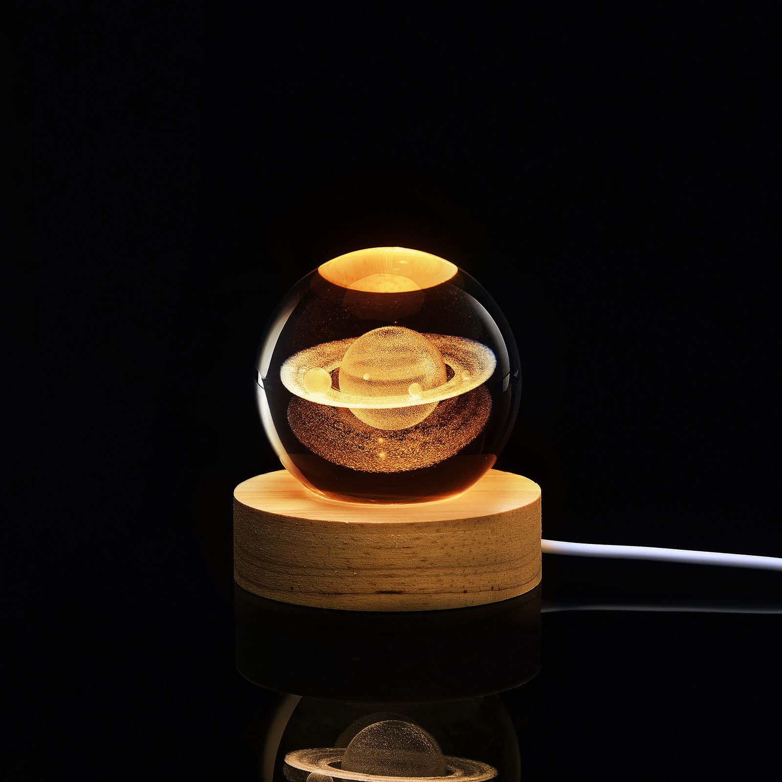 DNIEBW Saturn Crystal Ball Night Light, 8cm Decorative Quartz Glass with Wooden Stand, Home Decor Gift for Father's Day, Valentine's Day