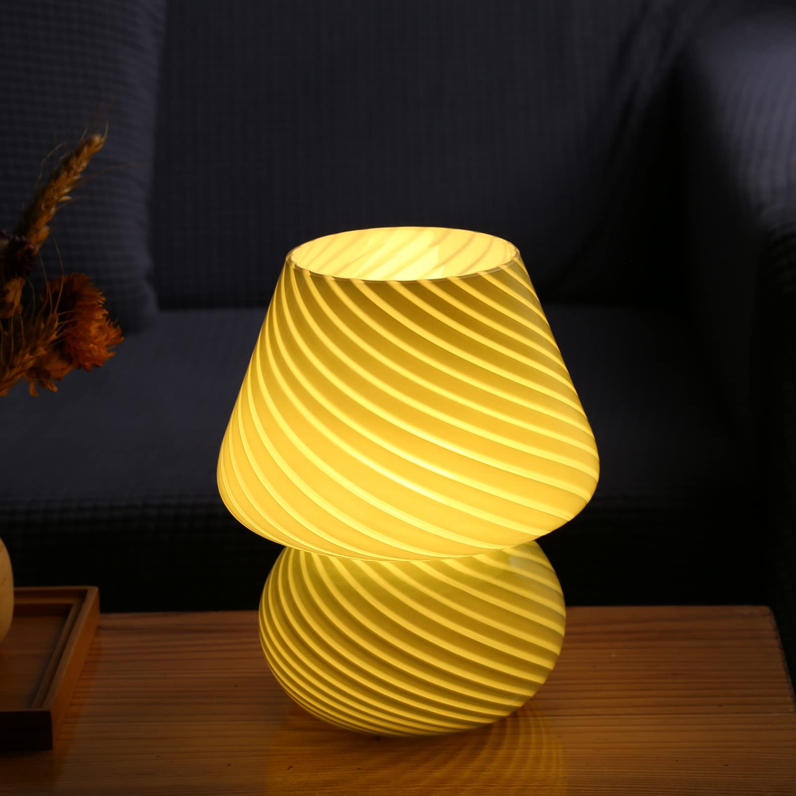 BSOD Glass Mushroom Bedside Table Lamp, Stripe Yellow, Cute Small, Murano Vintage Style for Home Decor, Model Bsod-SW-Lamps007