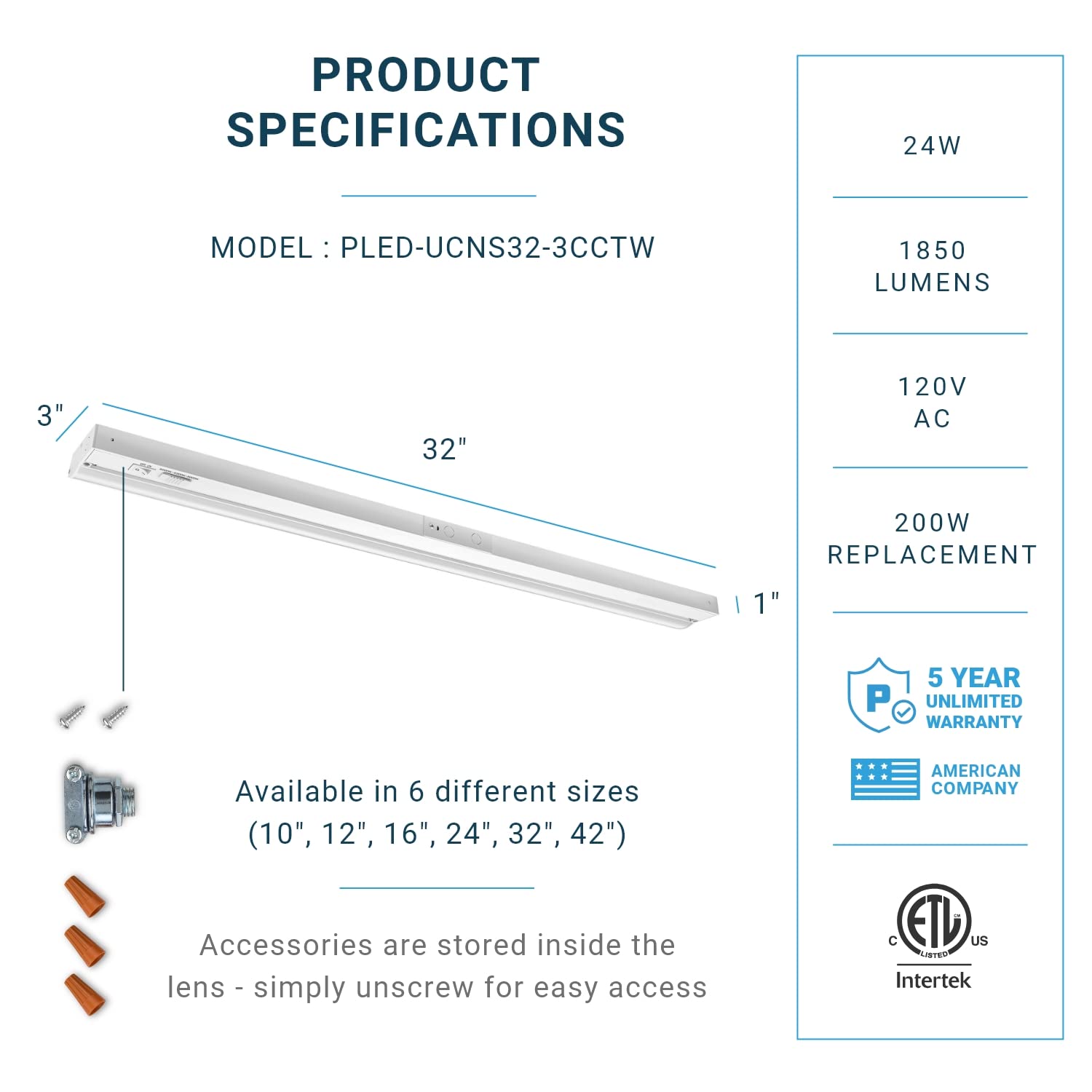 Parmida Led Under Cabinet Lighting, Hardwired Installation, 32 Inch, 24W, 3Cct Color Selectable - 3000K/4000K/5000K, Etl Listed,