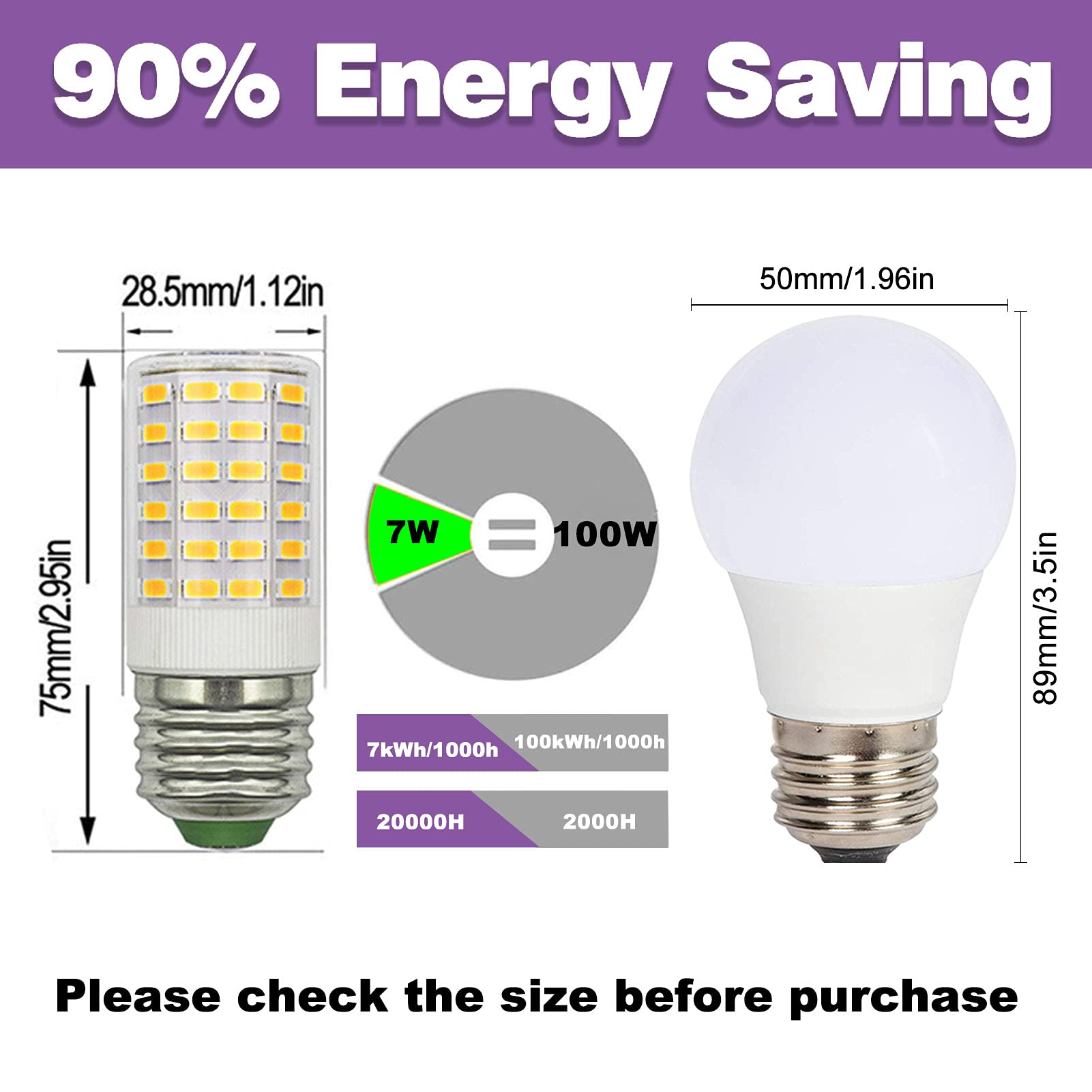 ZHENMING LED E26 Refrigerator Light Bulb 7W Cool White 6500K Super Bright Non-Dimmable, Pack of 2