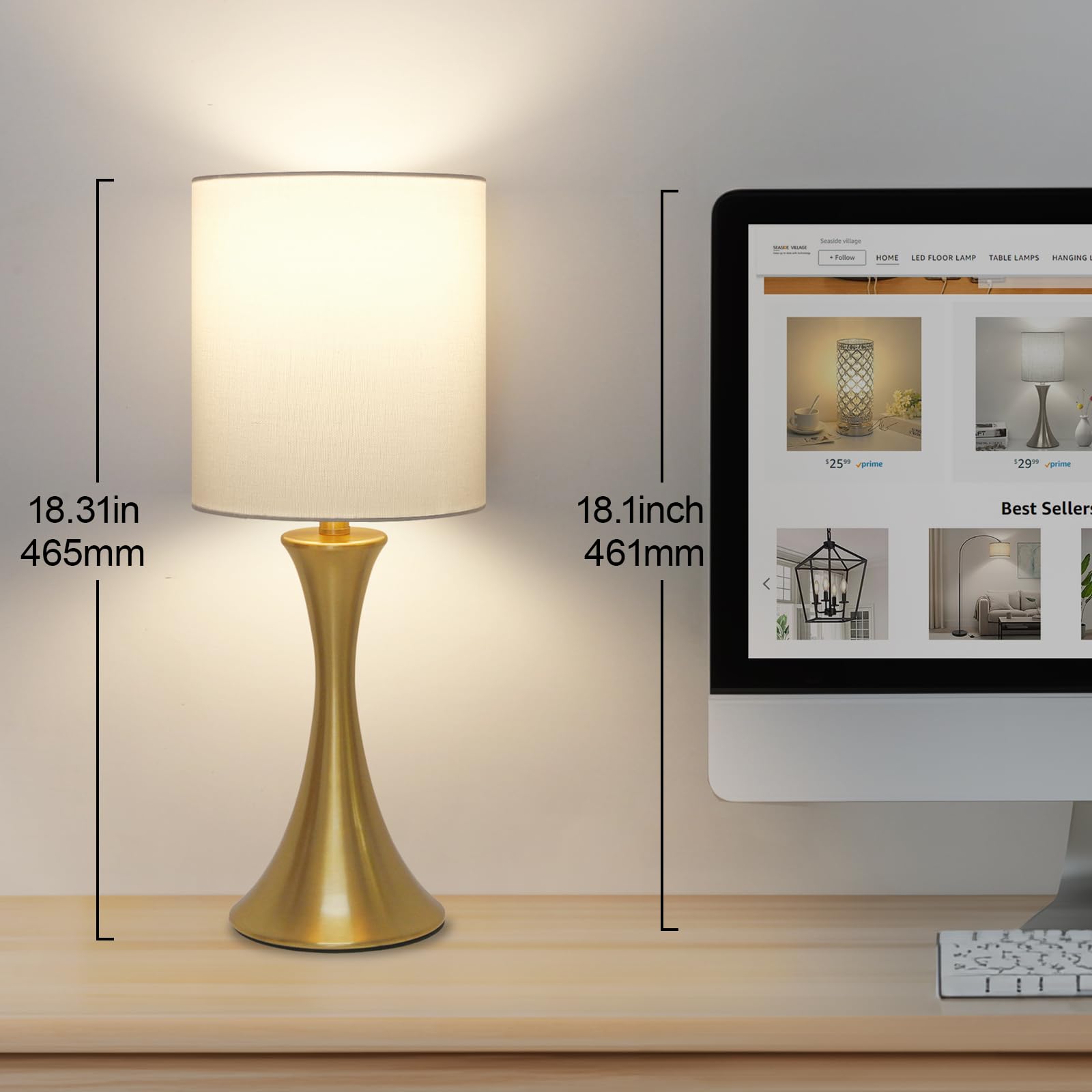 Gold Bedside Lamp Touch Control Table Lamp For Bedroom, 3-Way Dimmable Nightstand Lamp With White Shade, Modern Table Lamp For L