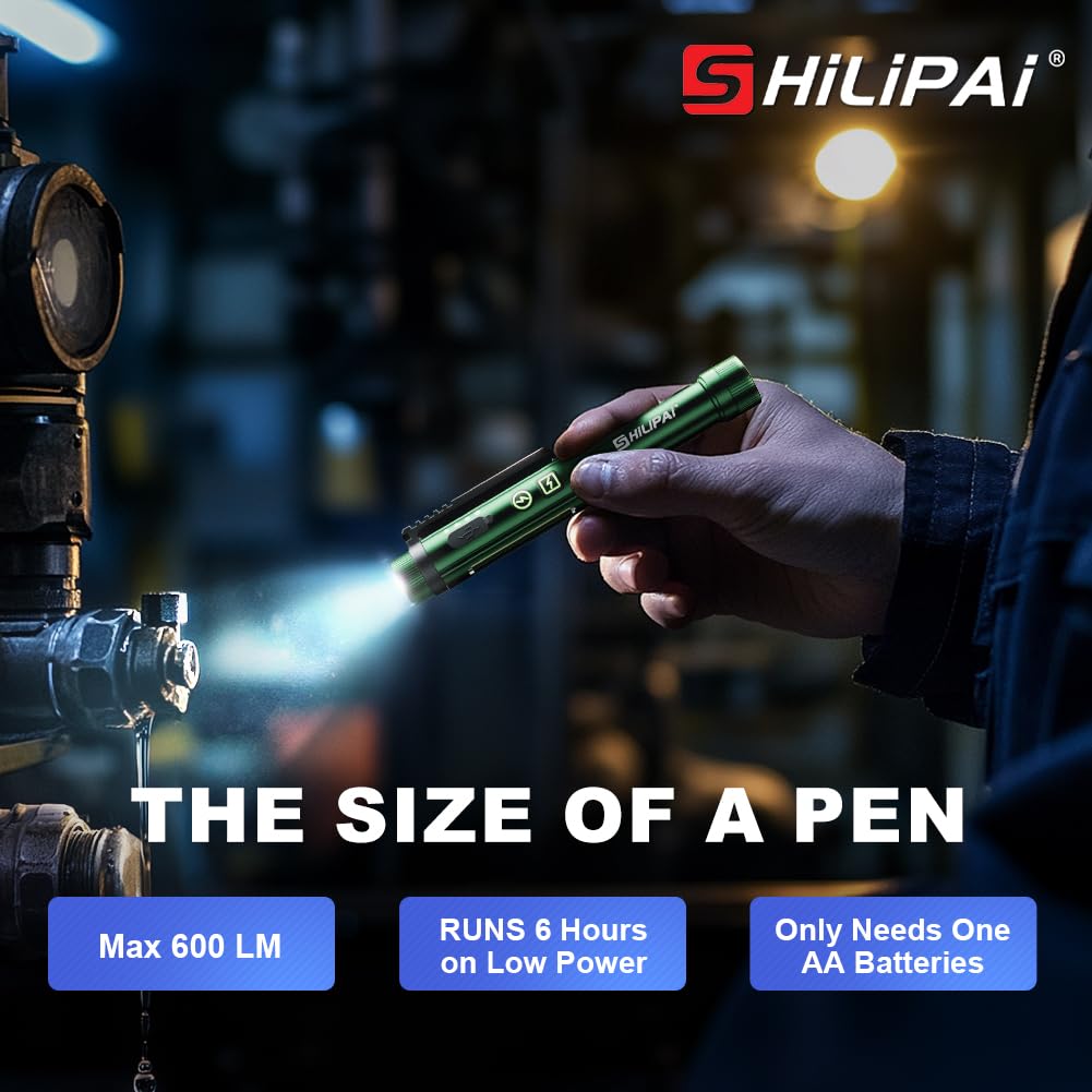 Shilipai Pocket Edc Flashlight, Ultra-Light, Waterproof, Pen Light Rechargeable With Clip, Two-Way Magnetic Base - Green