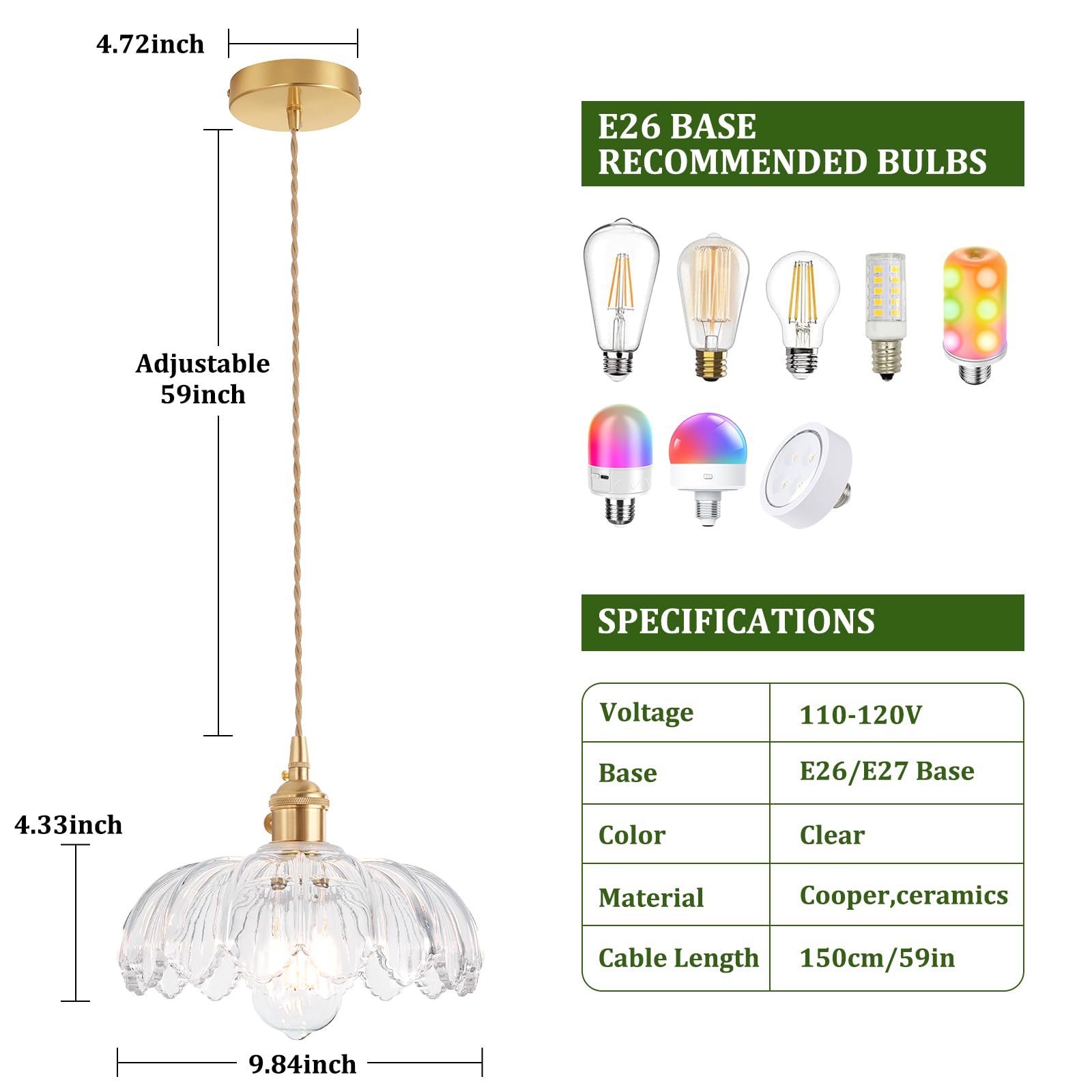 Shenmoyl Pendant Light With Clear Scindapsus Glass Lmapshade, Brass Vintage Pendant Light Adjustable Hanging Light For Kitchen I