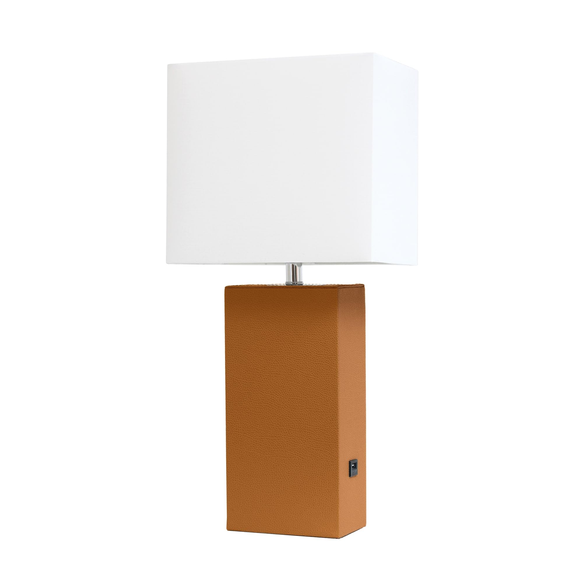 Elegant Designs Lt1053-Tan Modern Leather Usb And White Fabric Shade Table Lamp, Tan (Pack Of 1)