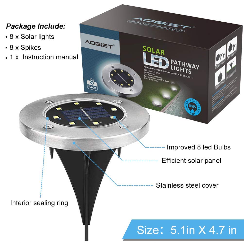Aogist Solar Ground Lights, 8 LED Garden Disk Lights, Stainless Steel, Warm White, 8 Pack, Model 43397-23877