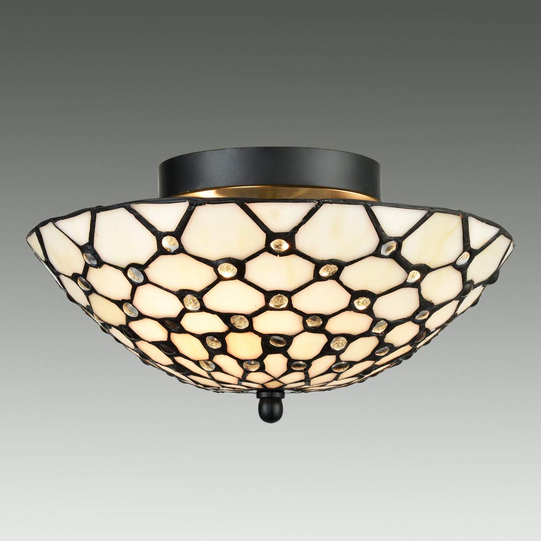 Diryzon Tiffany Style Semi Flush Mount Light Fixture, Antique Brass & Colorful Glass, 3 Lights