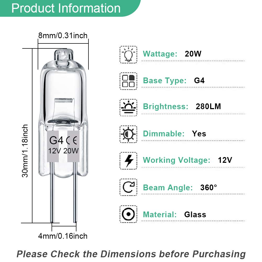 Taiyaloo G4 Bulb 12 Pack Crystal Clear Halogen Light Bulb 2 Pin 12V 20W Jc T3 Bi-Pin G4 Base Dimmable 2700K Warm White 2 Prong L