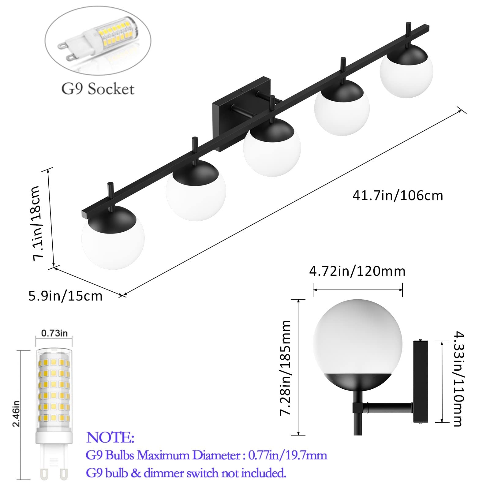 Ralbay Mid Century Modern Vanity Lights Black 5-Light Milky Glass Mid Century Black Bathroom Vanity Lights Over Mirror, Matte Bl