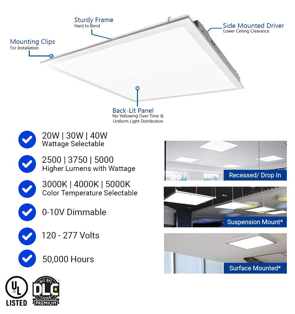2X2 Ft Led Light Flat Panel, 20/30/40W, Color Temperature Selectable 3K | 4K | 5K, Dimmable Recessed Drop Ceiling Lights, 2500/3