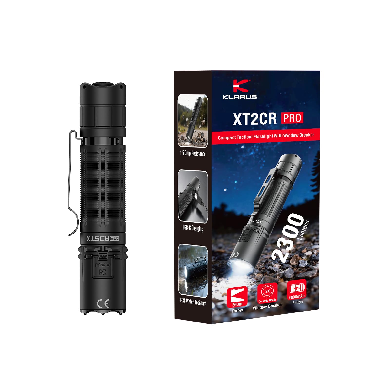 klarus XT2CR PRO 2026 Tactical Flashlight - 2300 Lumens, 394 Yards Throw, Pure White LED, USB-C Rechargeable, IPX8 Waterproof, 7