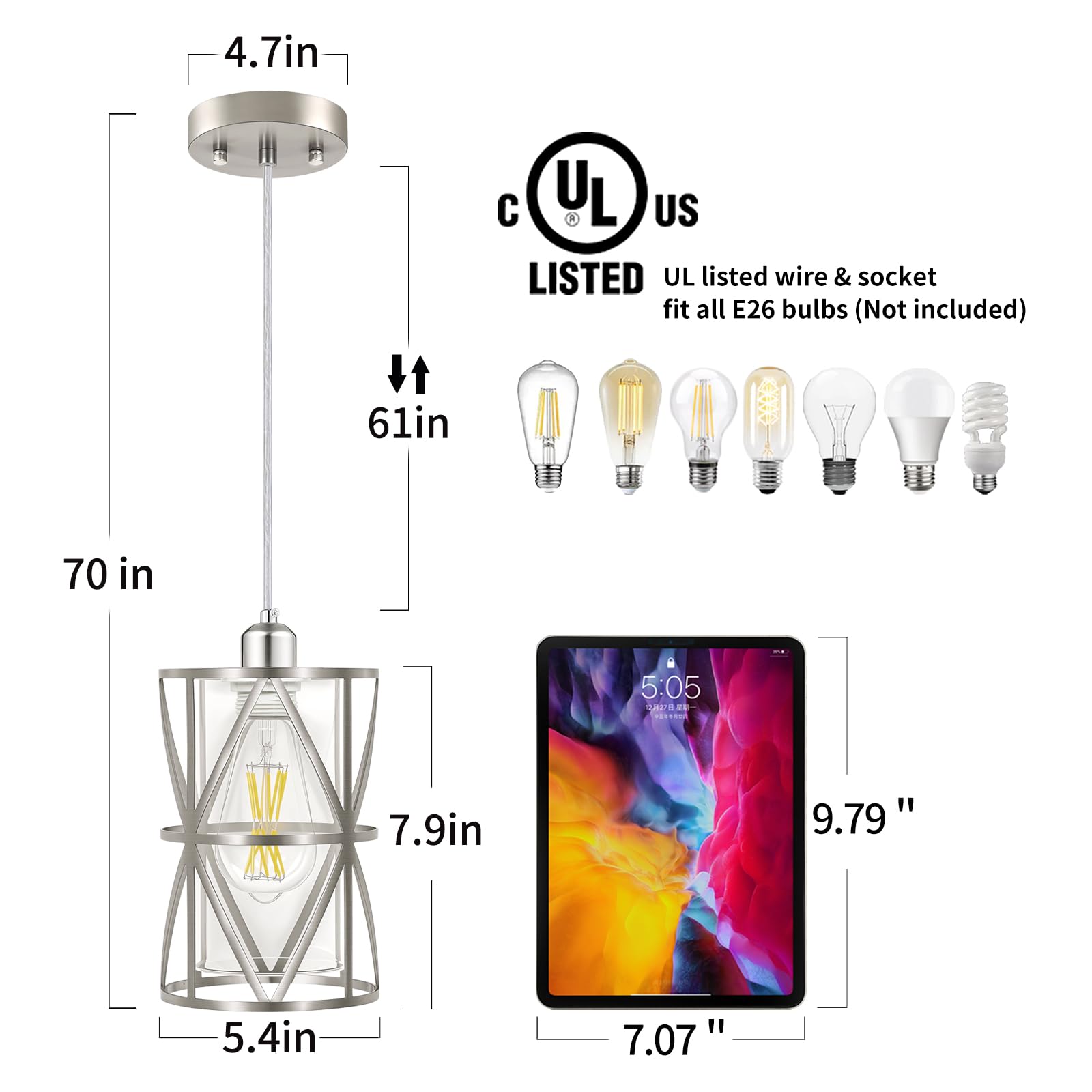 Zlierop Pendant Light - 5.4" x 7.9" Modern Kitchen Fixture, Clear Glass & Brushed Nickel, Model 6bec50a8