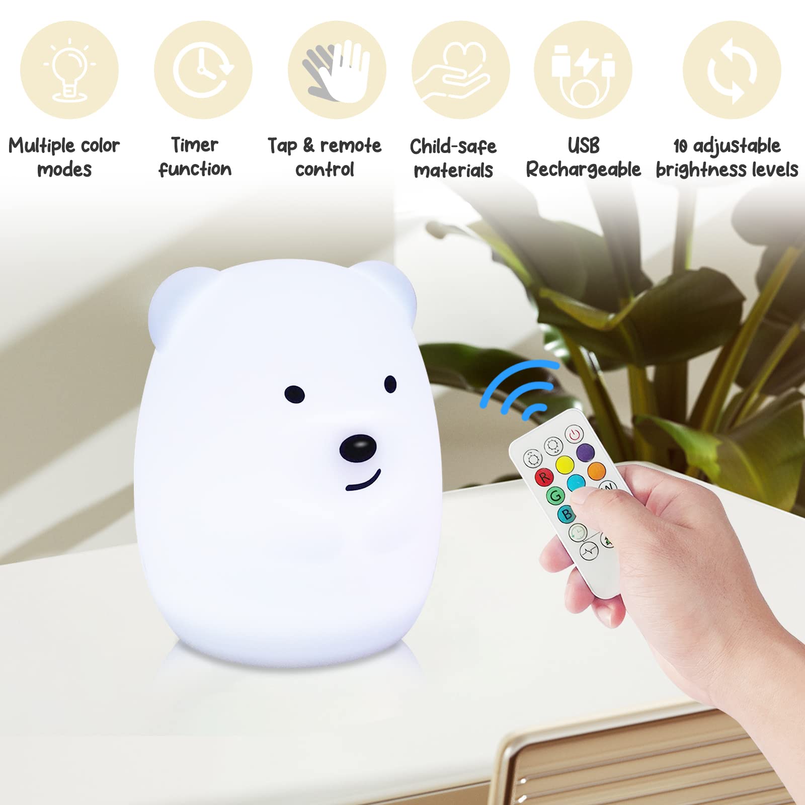 NAHKZNY Night Light for Kids, 9 Color Changing Silicone Lamp, Remote Control, Sleep Timer, Yellow, Model RT01
