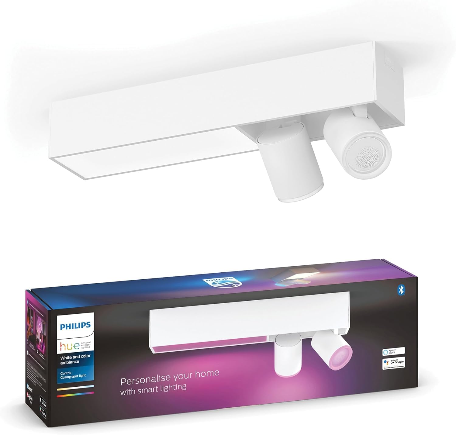 Philips Hue Centris Smart LED Ceiling Spotlight Fixture, White - White and Color Ambiance Color-Changing Light - 2 Lights - Cont