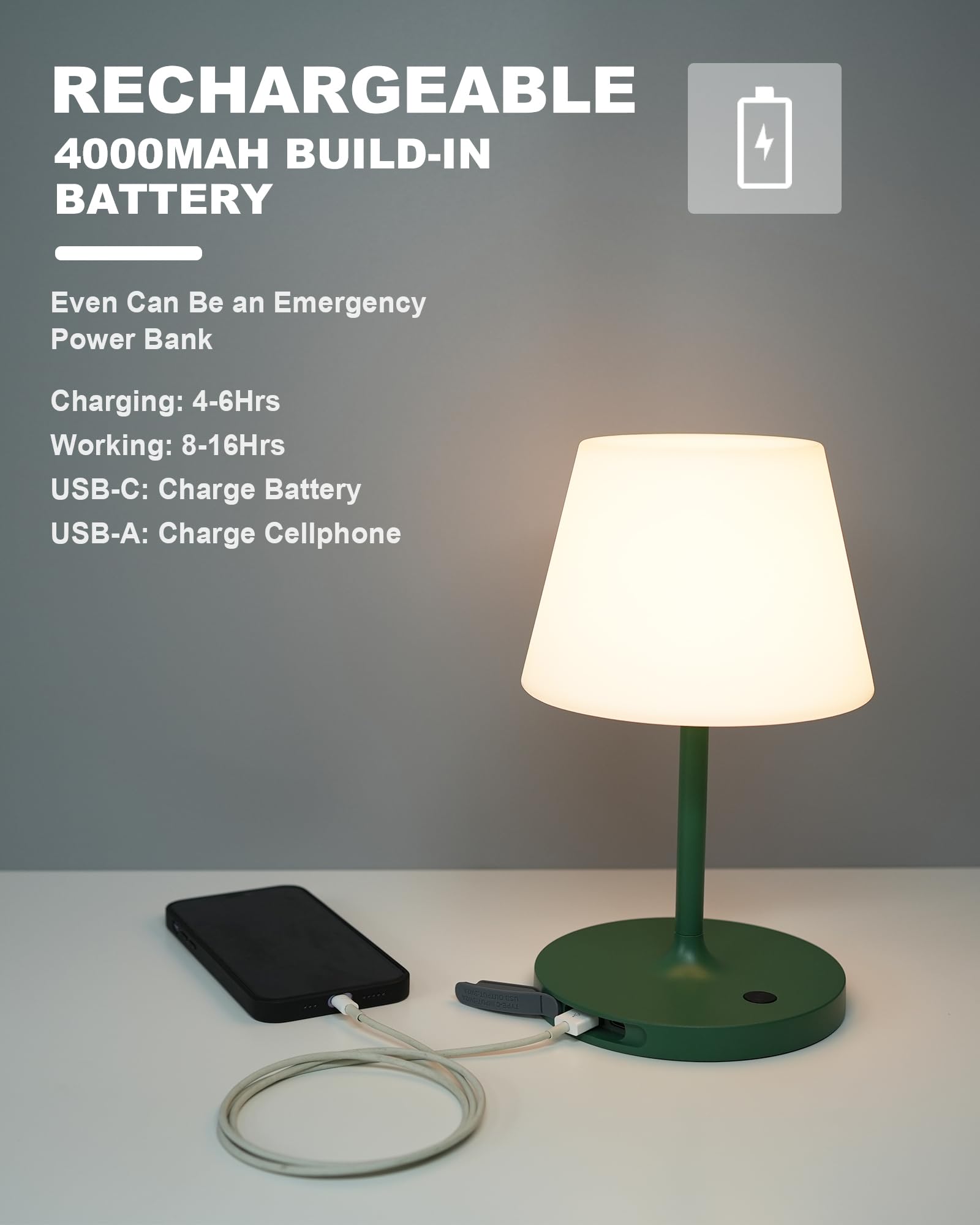WEILAILUX Outdoor Cordless Table Lamp, Waterproof, 4000mAh, Touch Dimmable, 9.6in, Green, Model WL-3669