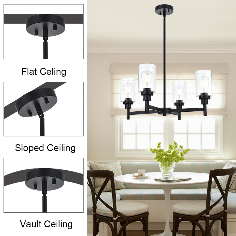 VINLUZ 4 Light Chandelier Black Hanging Light Fixture with Clear Glass for Dining Room and Bedroom - Model 210-4BL