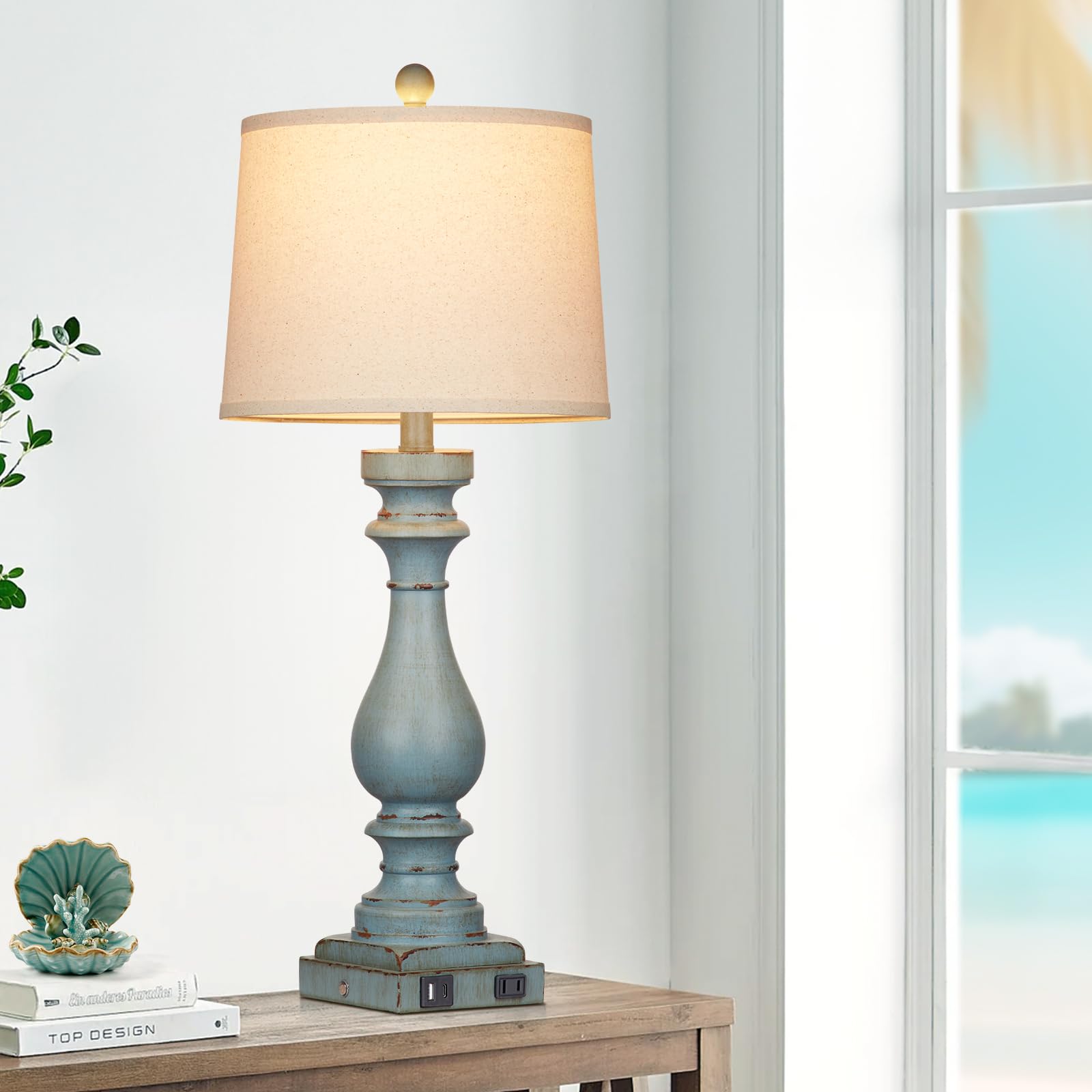 Cinkeda 27.5'' Tall Coastal Lamp,Retro-Blue Vintage Bedside Nightstand Lamps With Usb Charging Ports A/C,3-Way Dimmable Touch Co
