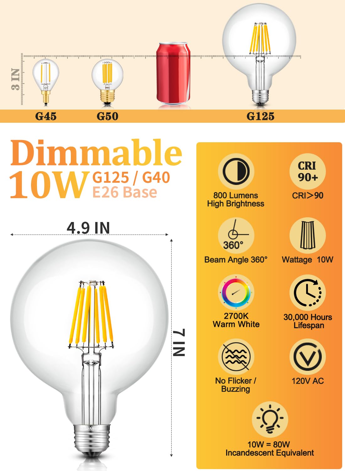 OMAYKEY LED Globe Bulb 10W Dimmable 800 LM E26 Vintage G125 Clear Glass Warm White 2700K