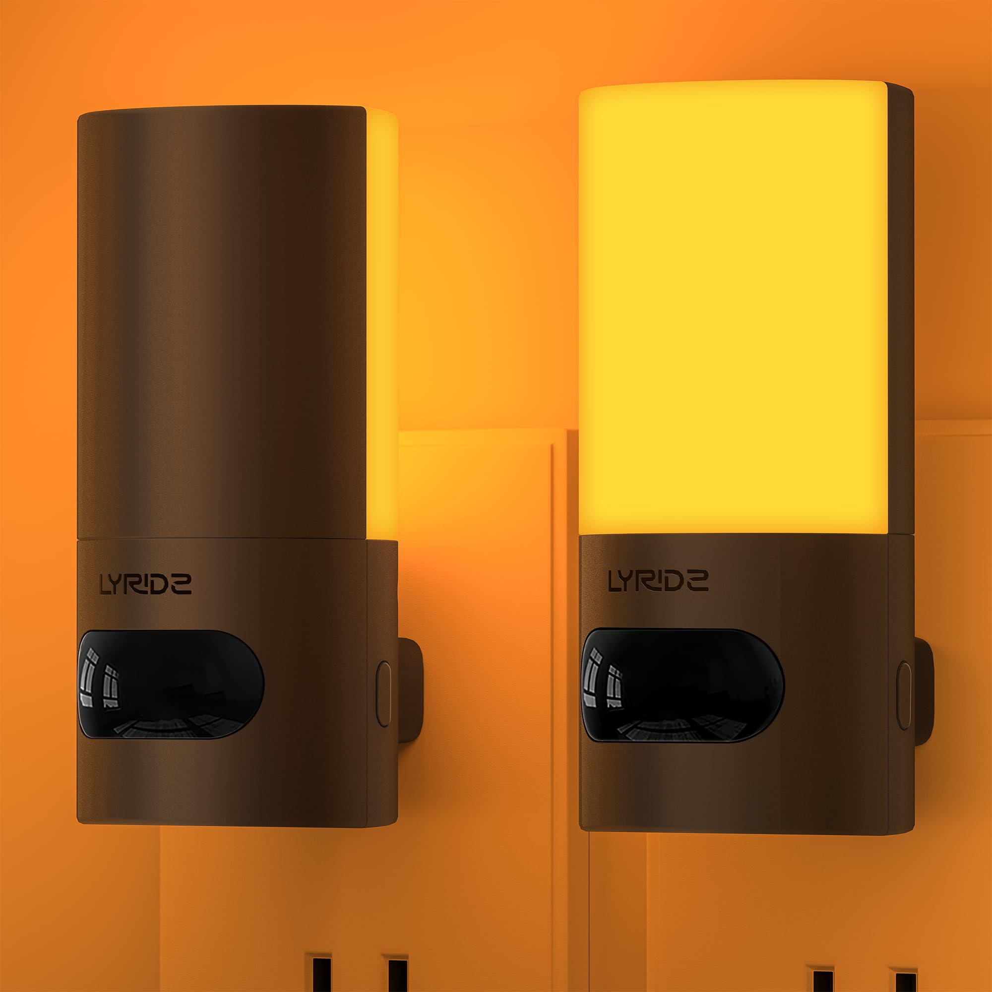 Lyridz Plug-in LED Amber Night Light with Motion Sensor, Rotatable, Dimmable Backlit Nightlight, 1-150lm Adjustable Brightness f
